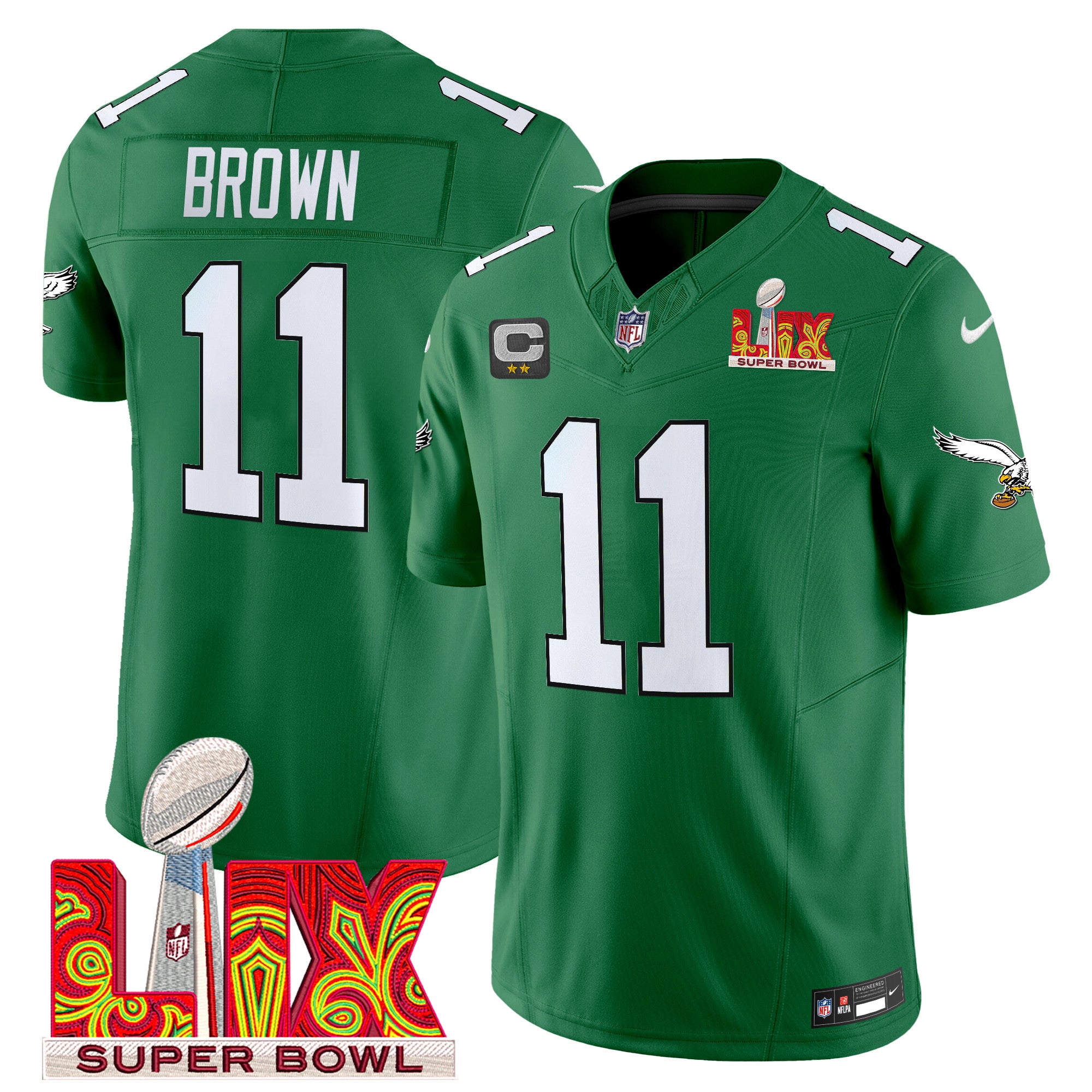 Men's Philadelphia Eagles Kelly Green Super Bowl LIX Patch Vapor Limited Jersey - All Stitched
