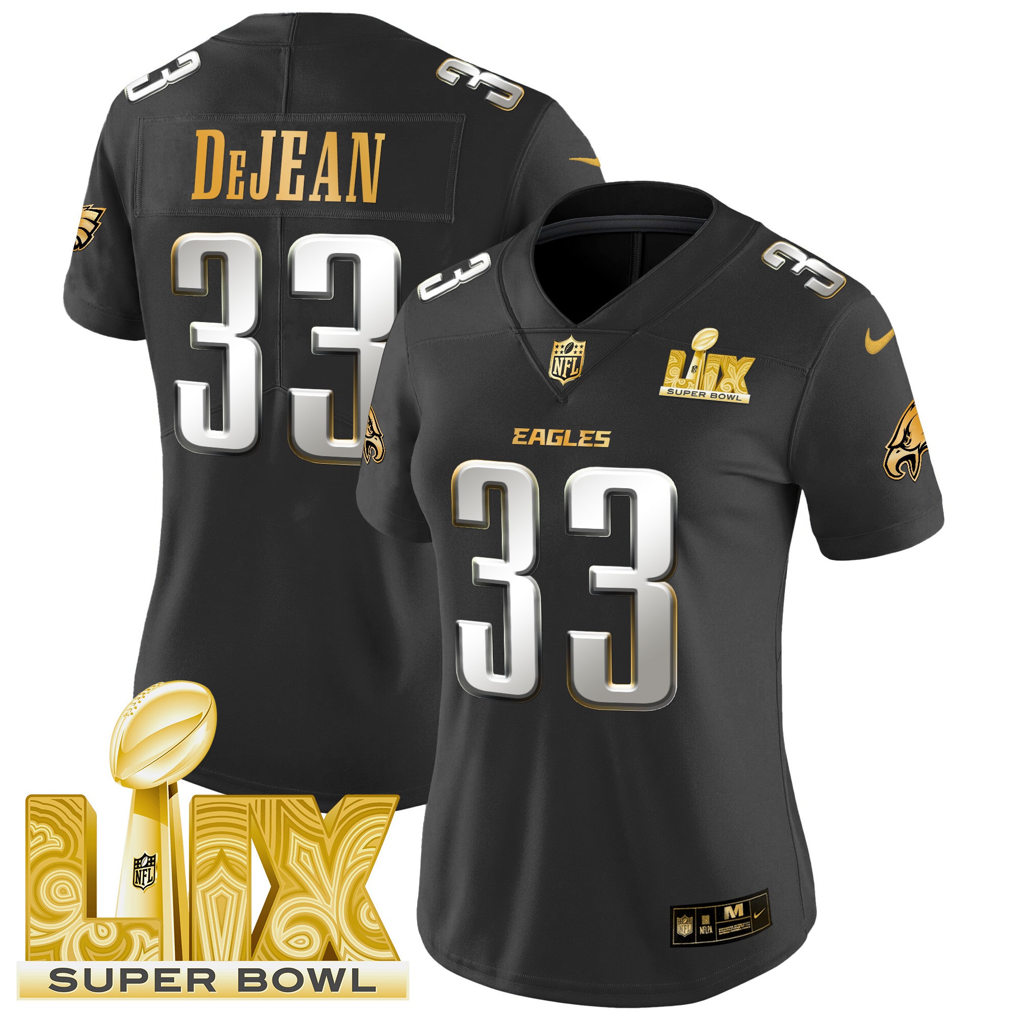 Women's Philadelphia Eagles Super Bowl LIX Patch Gold Vapor Limited Jersey - All Stitched
