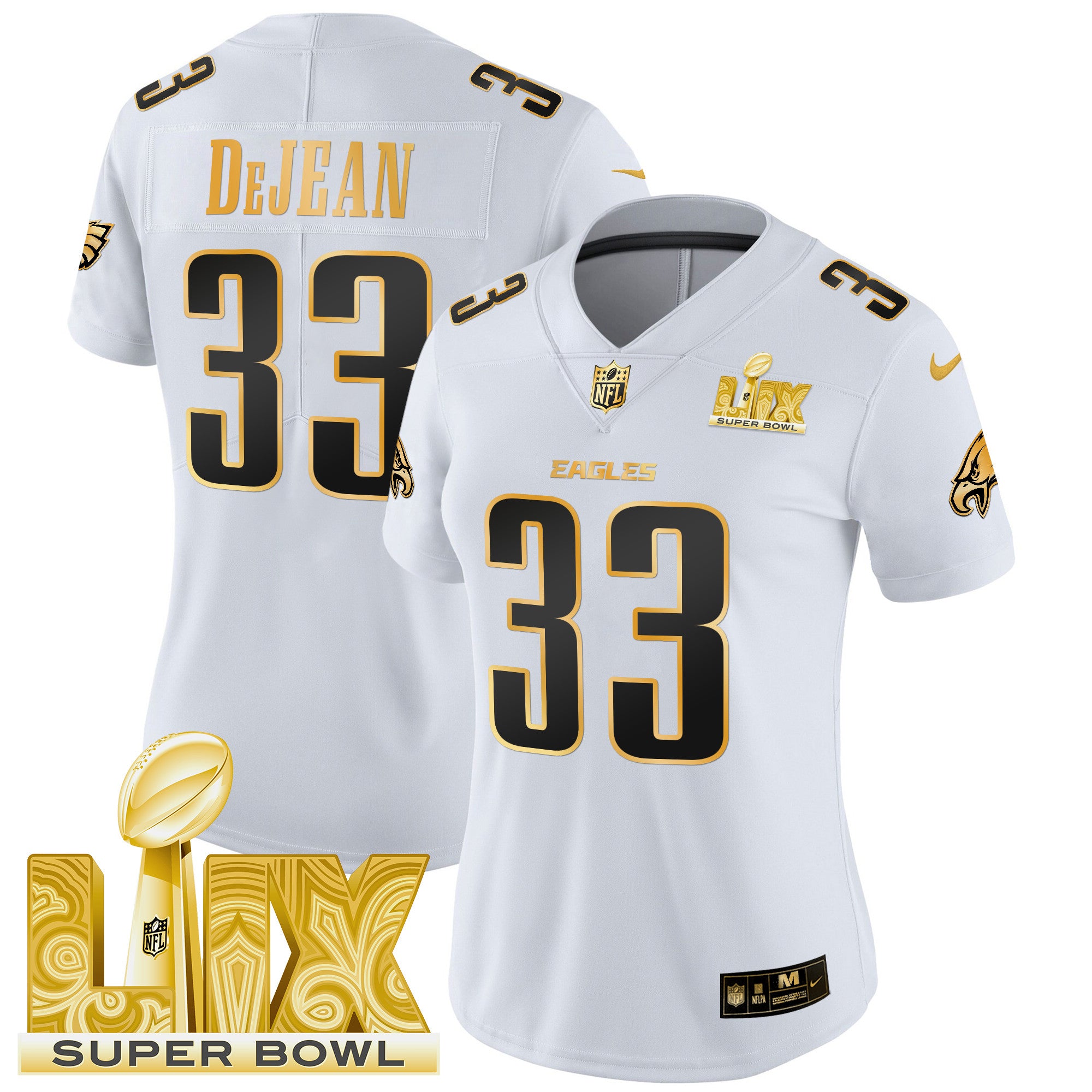 Women's Philadelphia Eagles Super Bowl LIX Patch Gold Vapor Limited Jersey - All Stitched