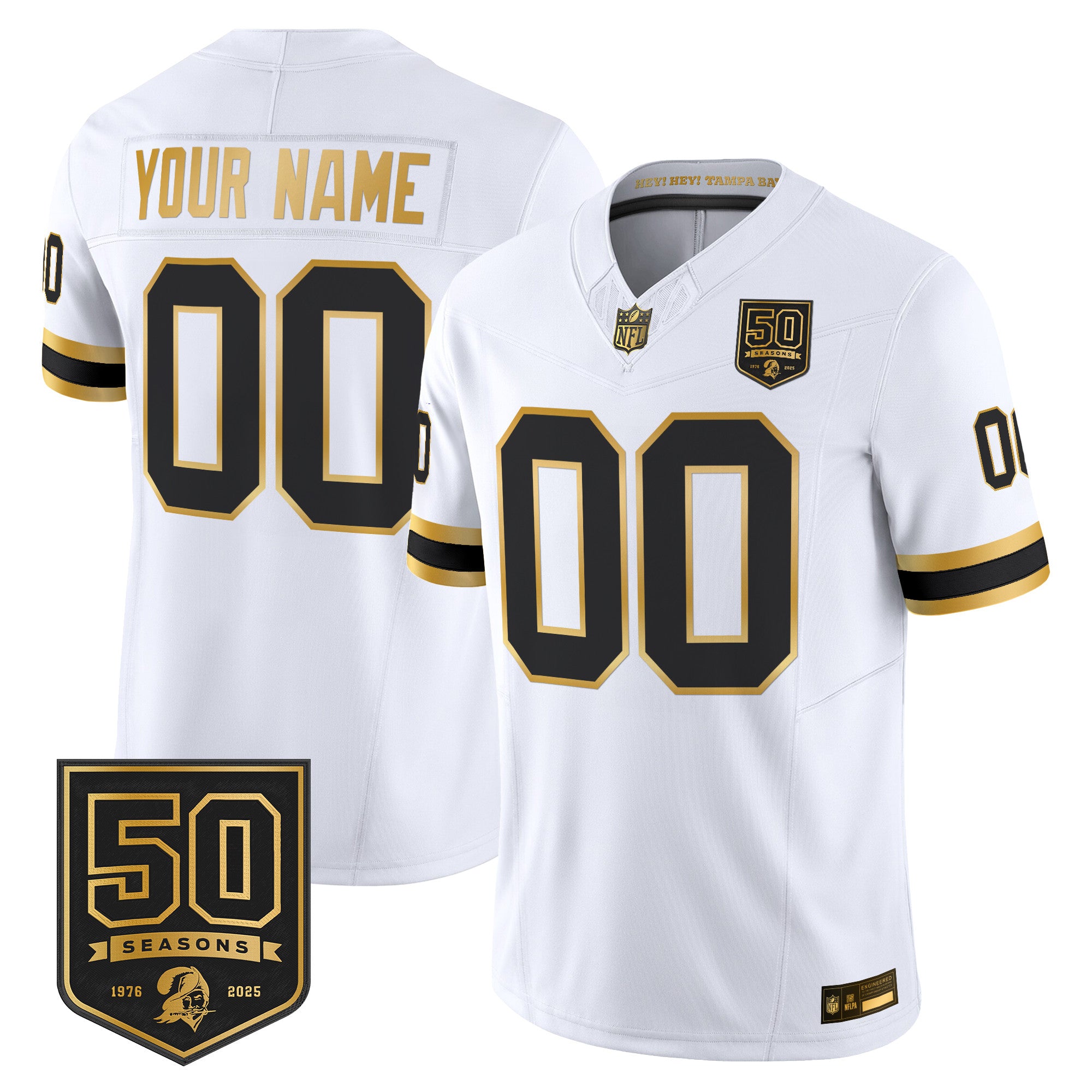 Tampa Bay Buccaneers Throwback 50th Season Patch Gold Vapor Limited Custom Jersey - All Stitched
