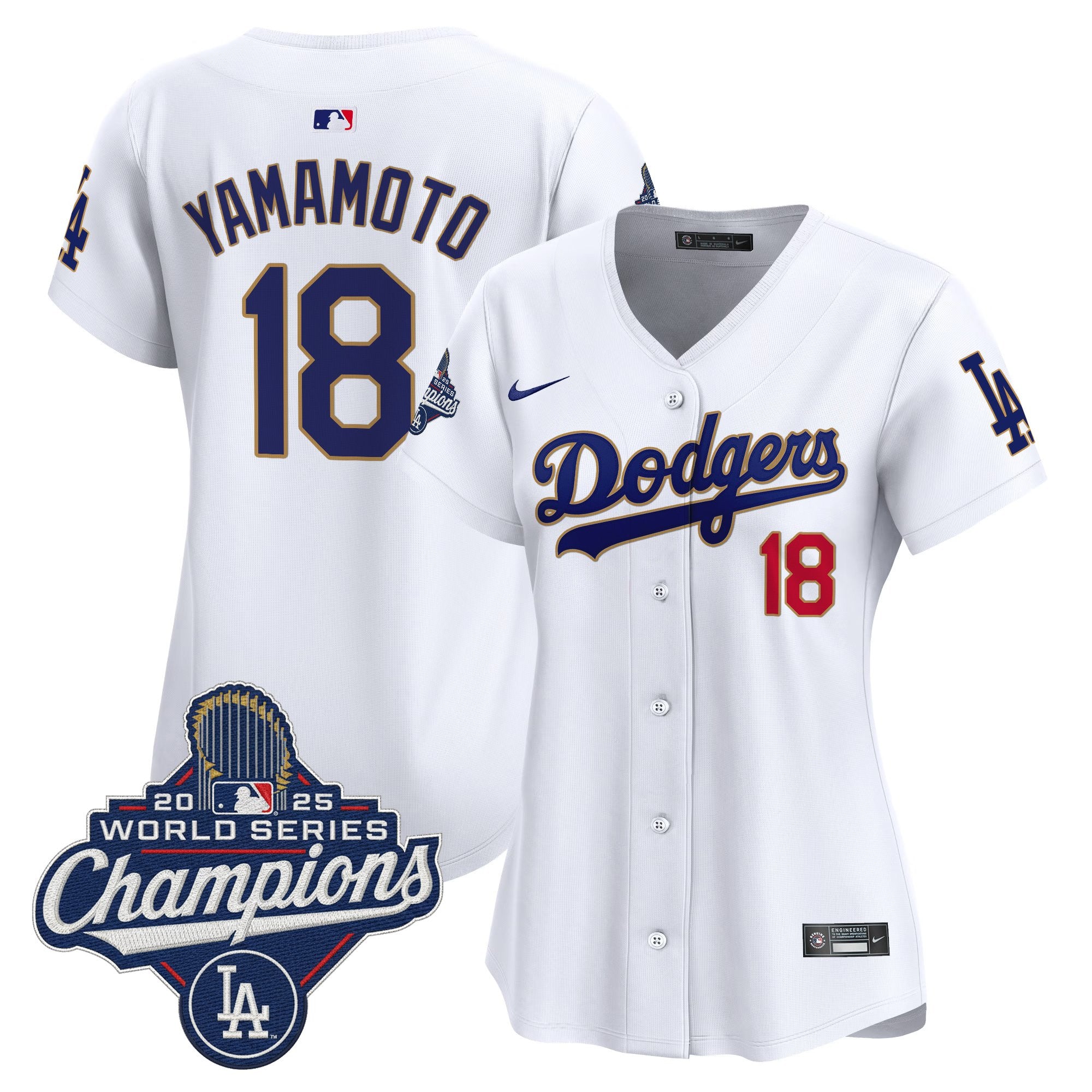 Women's Dodgers 2025 World Series Champions Patch Gold Trim Vapor Premier Limited Jersey - All Stitched