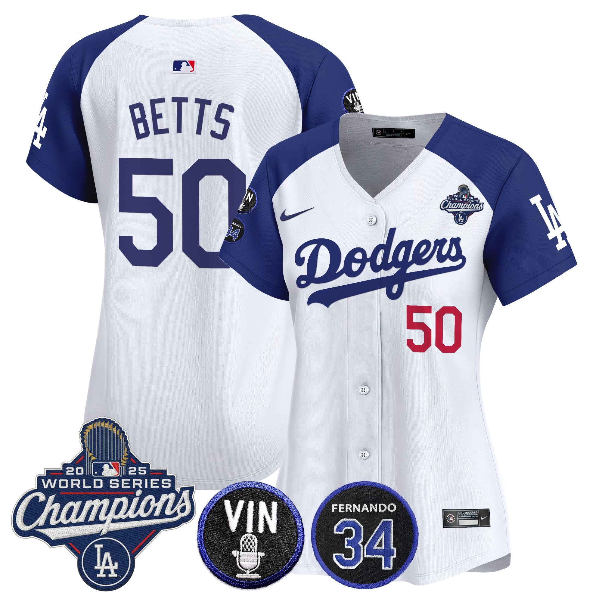 Women's Dodgers 2025 World Series Champions Vapor Premier Limited Jersey - Vin Scully & Fernando Patch - All Stitched