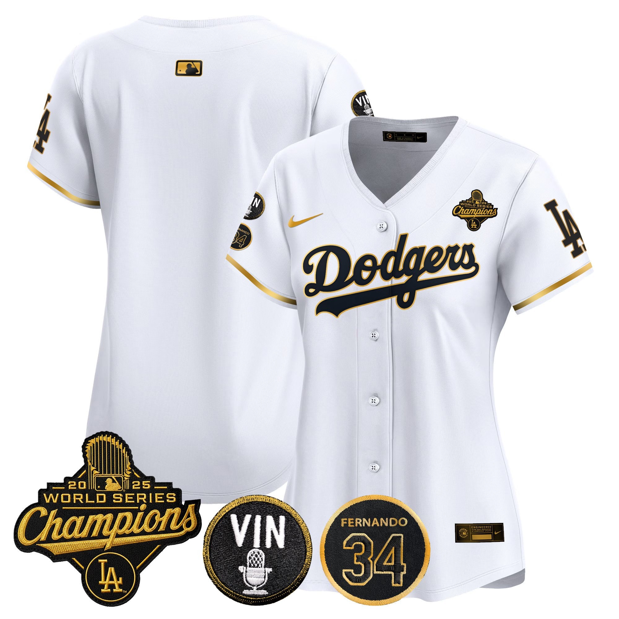 Women's Dodgers 2025 World Series Champions Vapor Premier Limited Jersey - Vin Scully & Fernando Patch - All Stitched