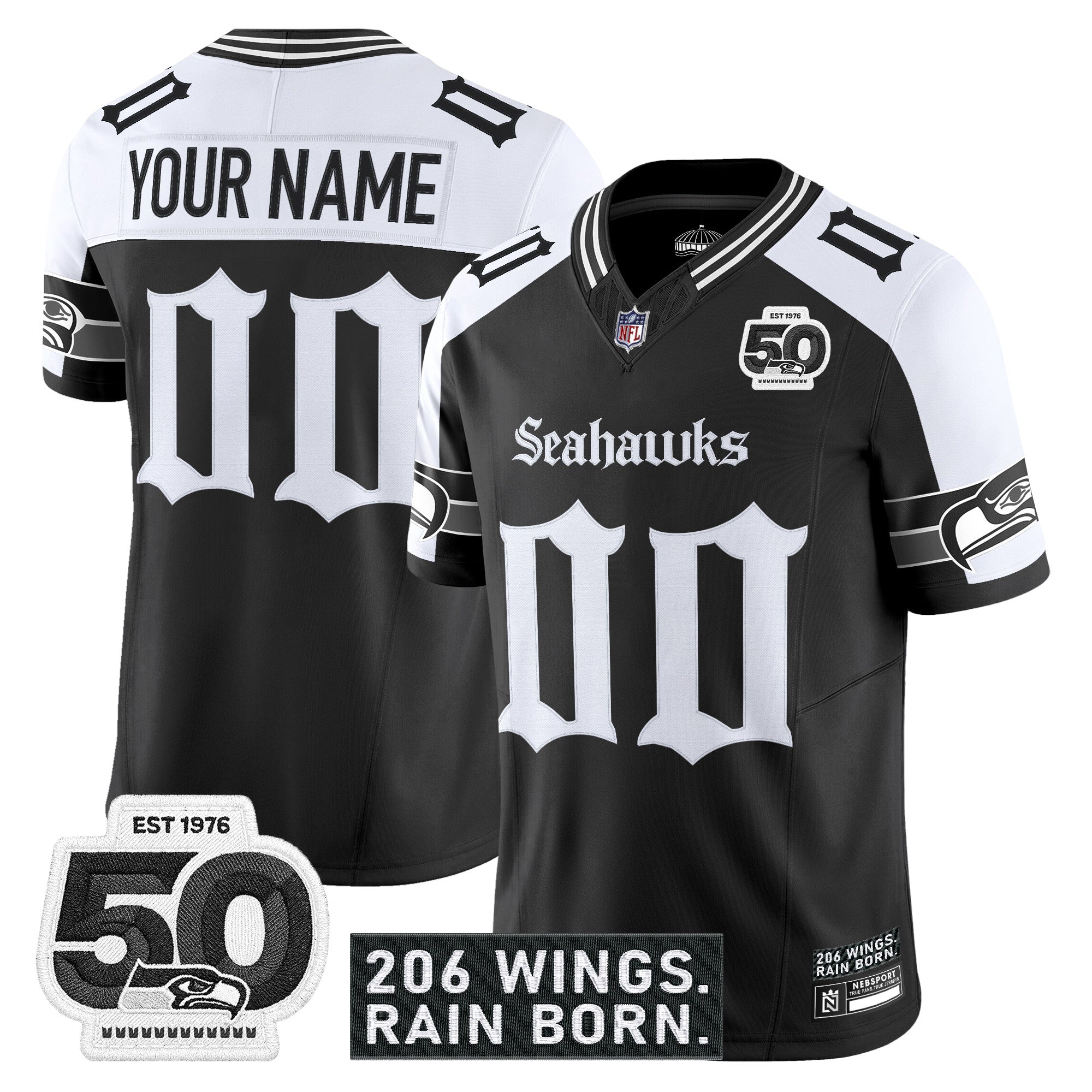 Seattle Seahawks 'Gothic Rain City Shadows Edition' Vapor Custom Jersey - 50th Anniversary Patch - All Stitched