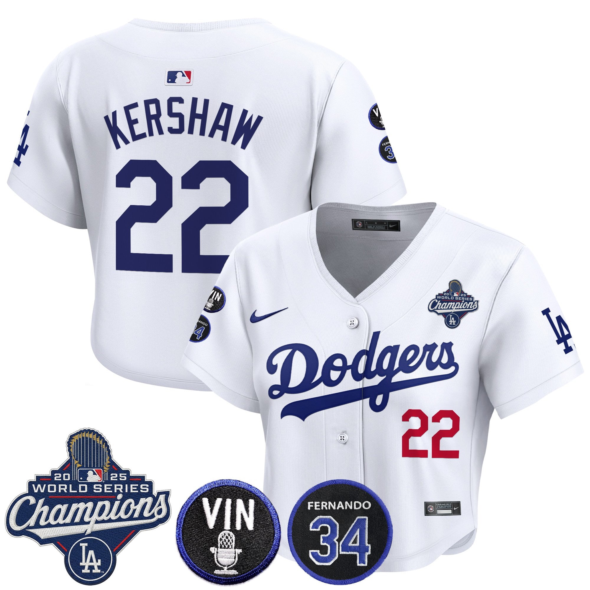 Women's Dodgers 2025 World Series Champions Crop Top Baseball Jersey - Vin Scully & Fernando Patch - All Stitched