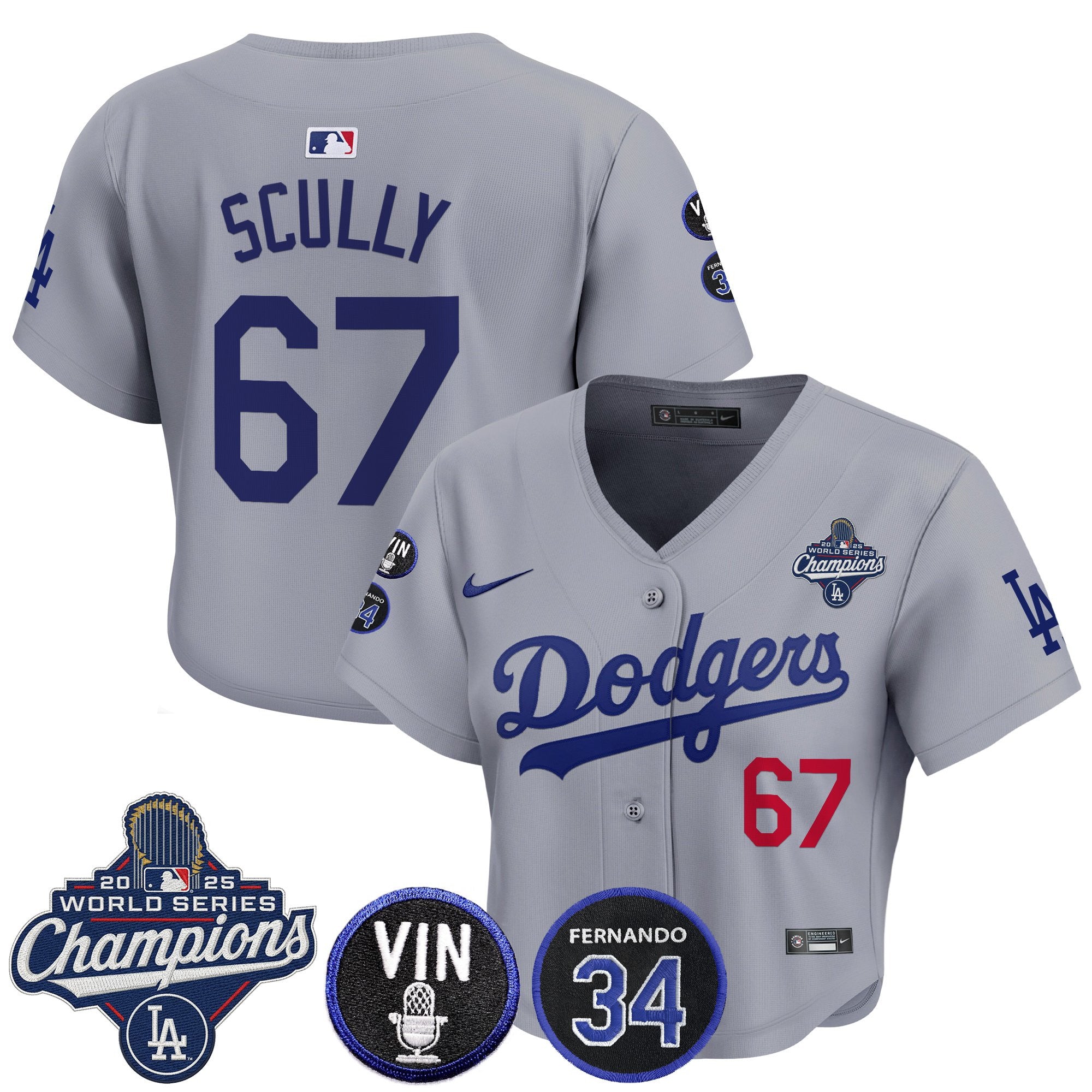 Women's Dodgers 2025 World Series Champions Crop Top Baseball Jersey - Vin Scully & Fernando Patch - All Stitched
