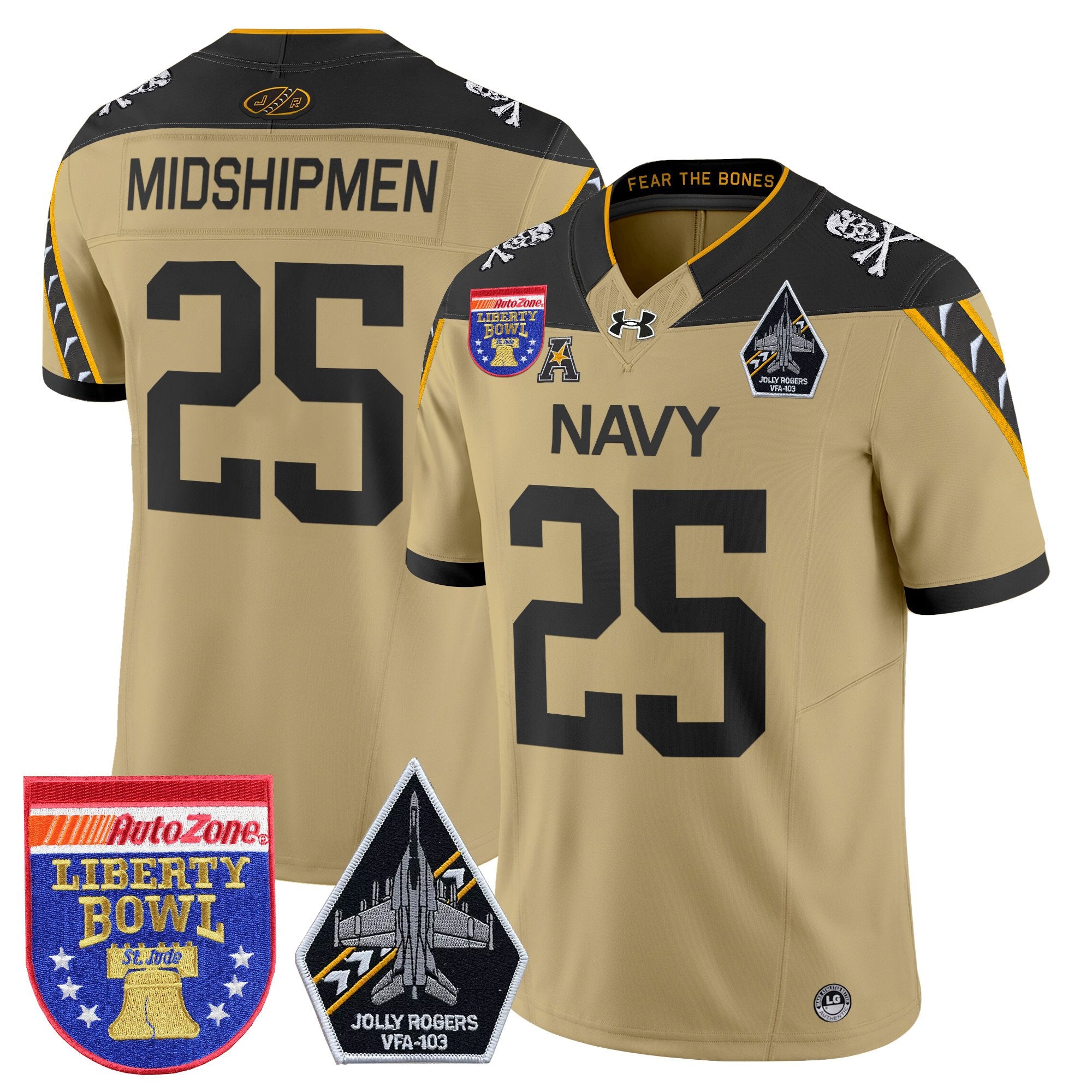 Men's Navy Midshipmen 'Jolly Rogers Edition' Vapor Limited Jersey - 2026 Liberty Bowl Patch - All Stitched