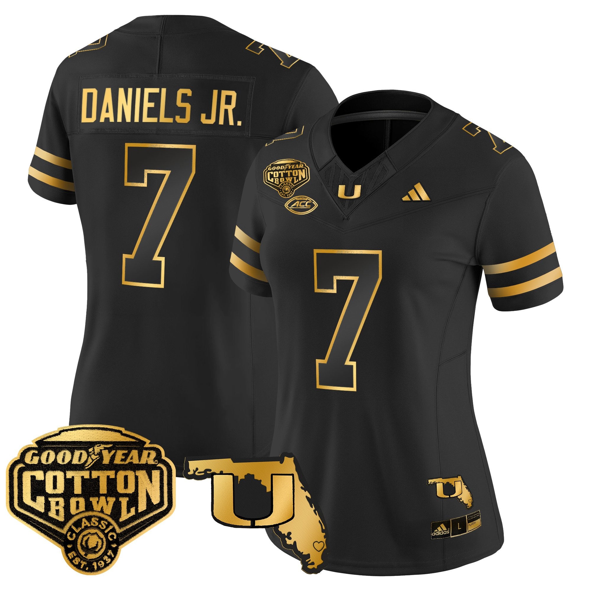 Women's Miami Hurricanes 2025/26 Cotton Bowl & Florida Patch Gold Vapor Limited Jersey - All Stitched
