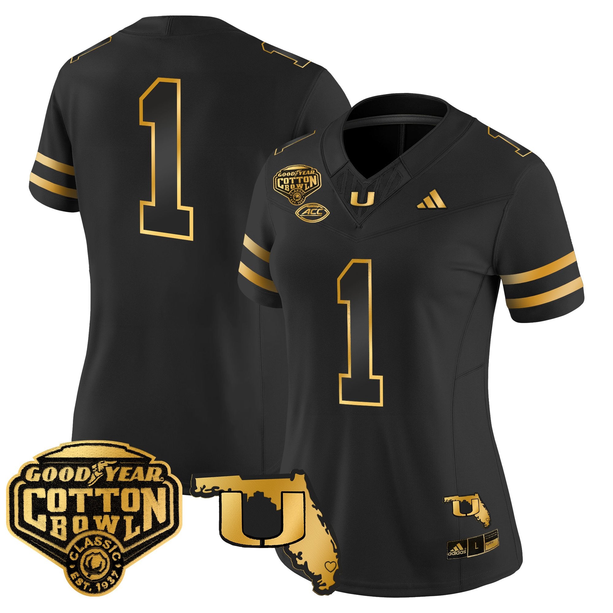 Women's Miami Hurricanes 2025/26 Cotton Bowl & Florida Patch Gold Vapor Limited Jersey - All Stitched