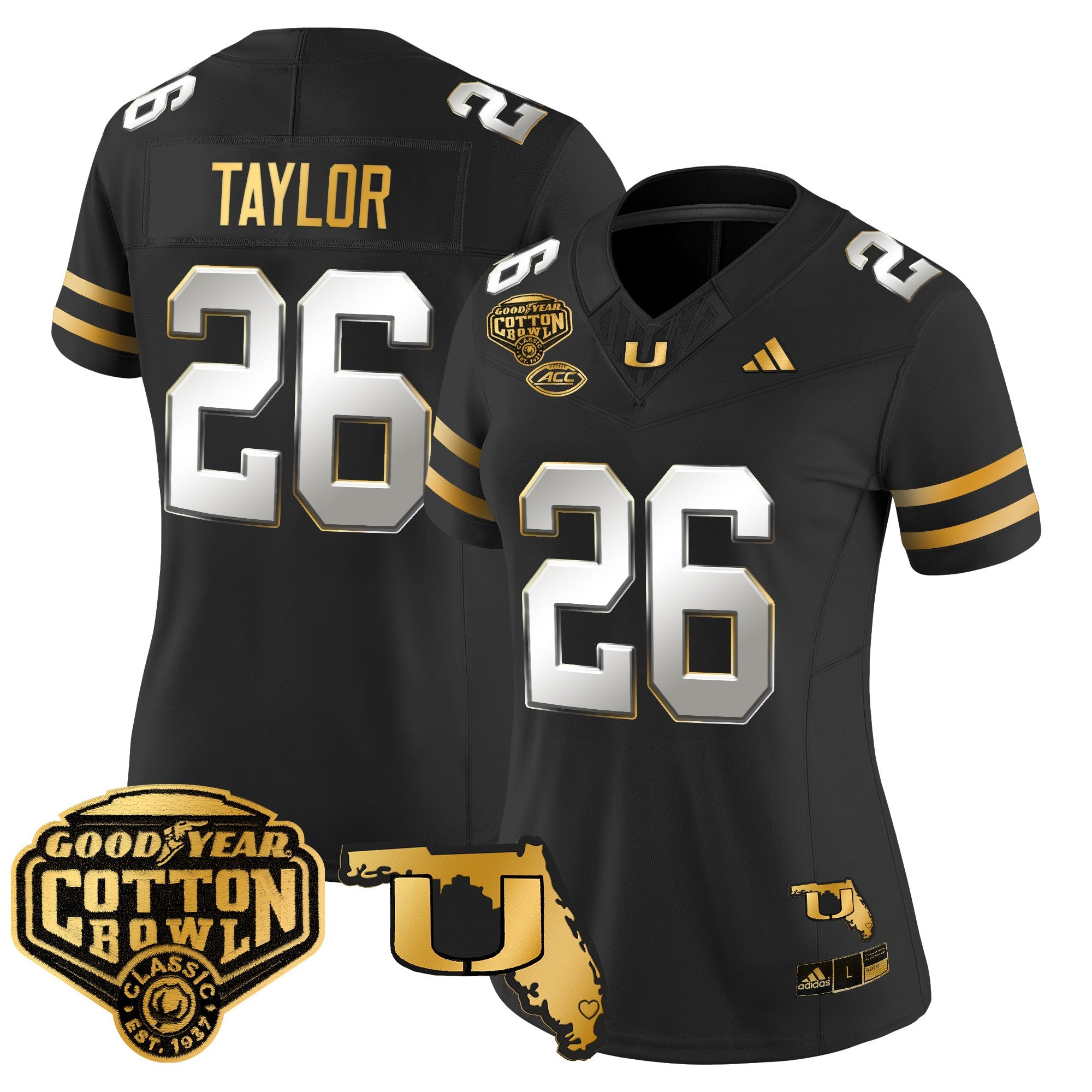Women's Miami Hurricanes 2025/26 Cotton Bowl & Florida Patch Gold Vapor Limited Jersey - All Stitched