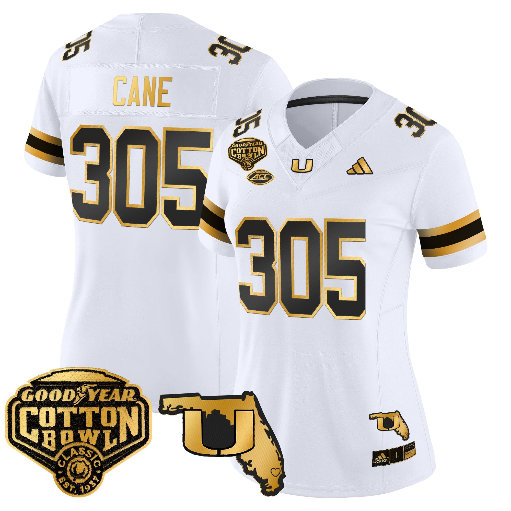 Women's Miami Hurricanes 2025/26 Cotton Bowl & Florida Patch Gold Vapor Limited Jersey - All Stitched