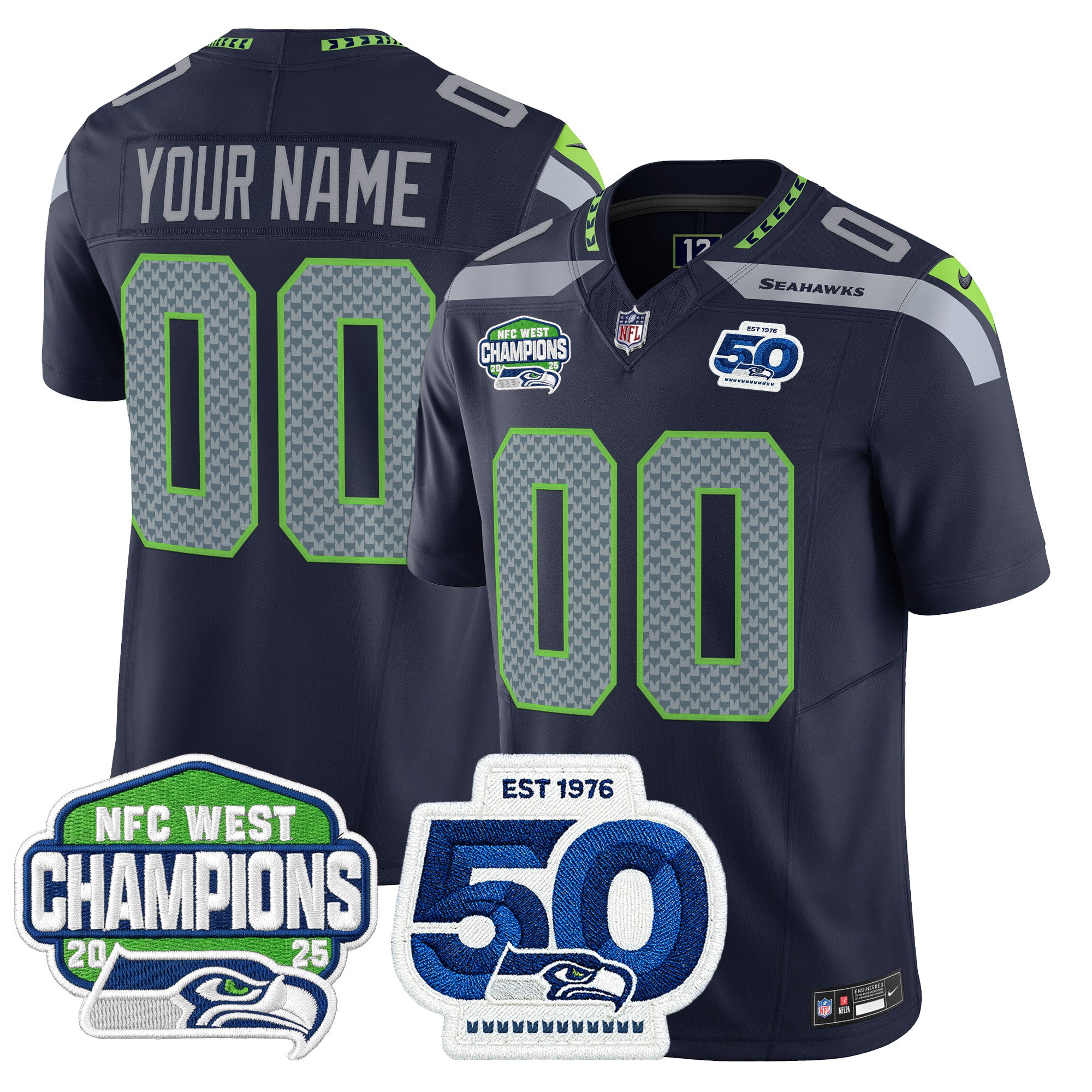 Seattle Seahawks 2025 NFC West Division Champions & 50th Anniversary Patch Vapor Limited Custom Jersey - All Stitched