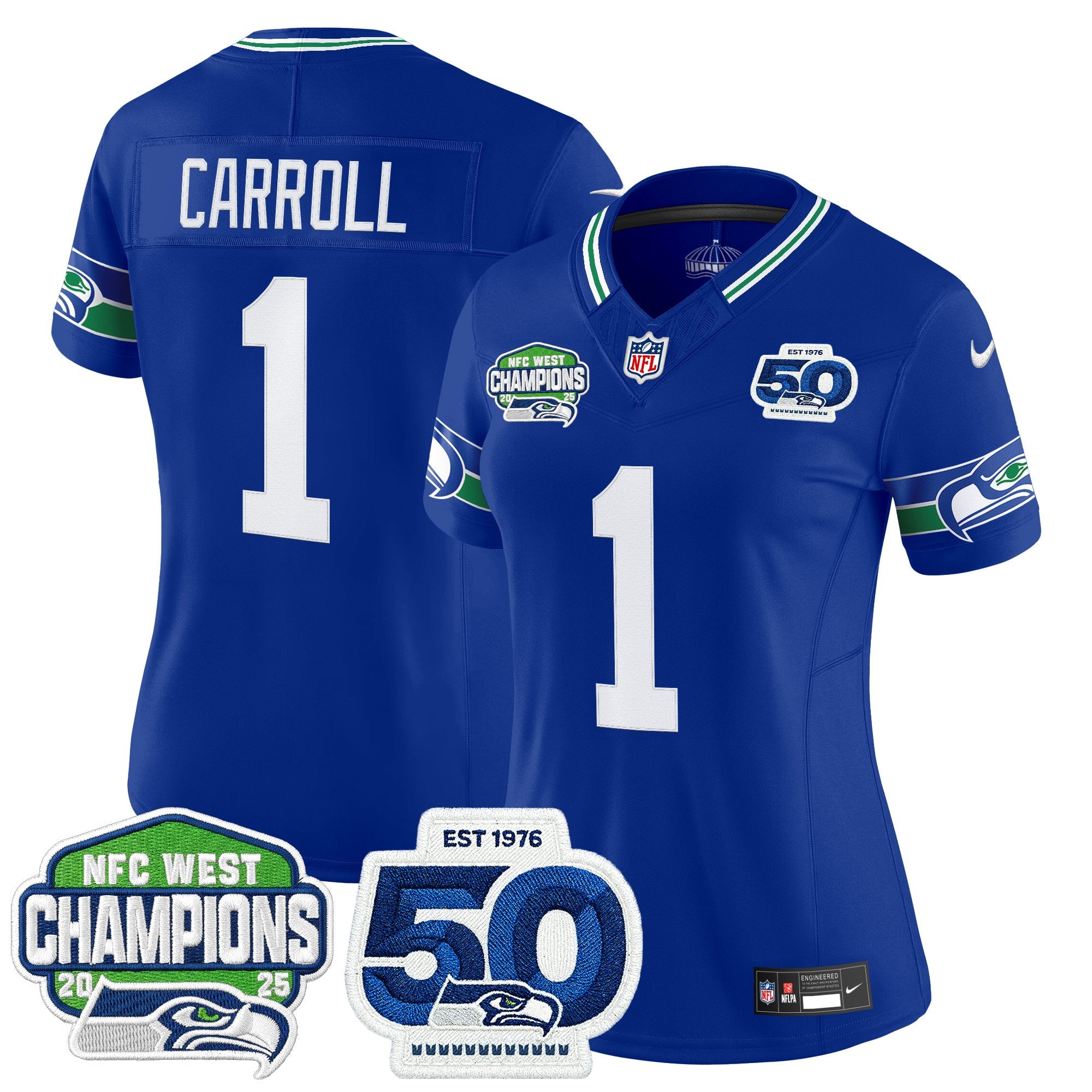 Women's Seattle Seahawks 2025 NFC West Division Champions & 50th Anniversary Patch Vapor Limited Jersey - All Stitched