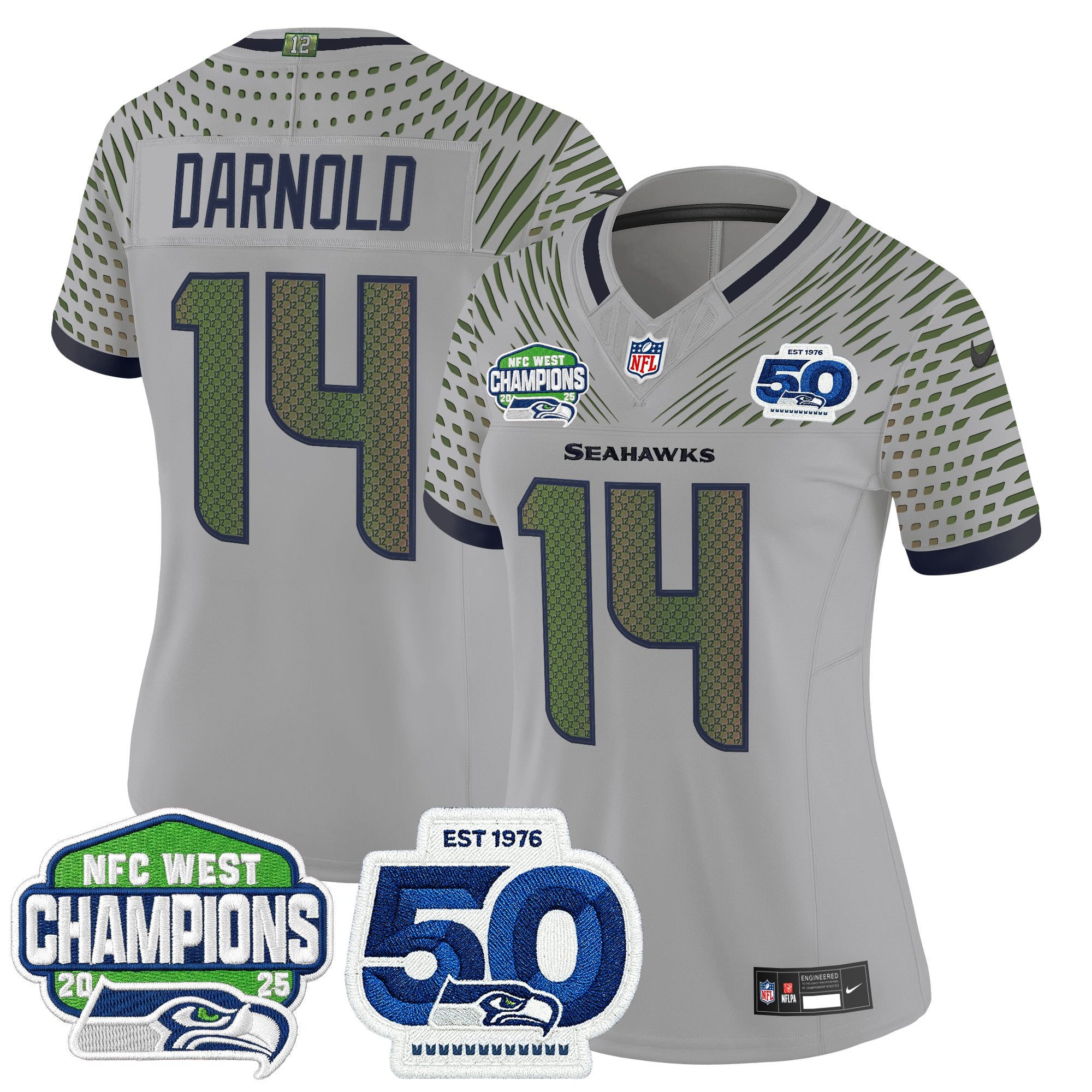 Women's Seattle Seahawks 2025 NFC West Division Champions & 50th Anniversary Patch Vapor Limited Jersey - All Stitched
