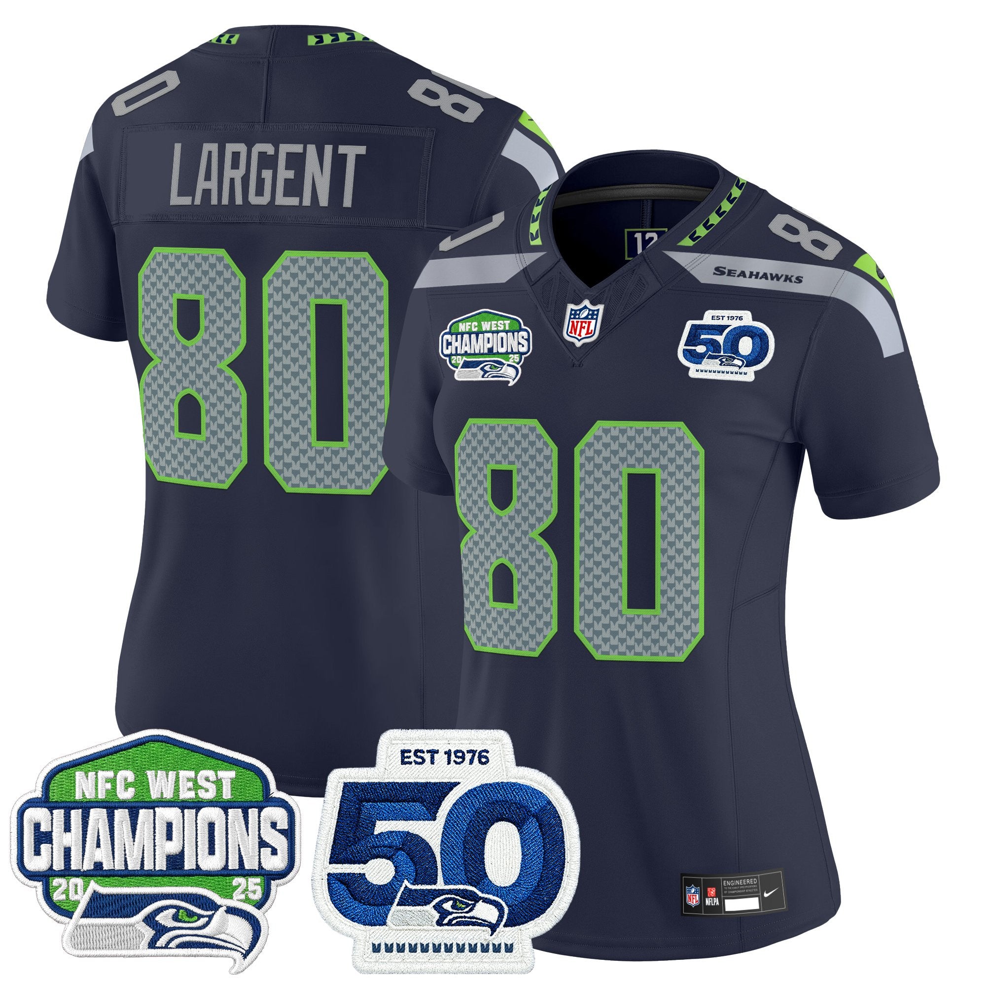 Women's Seattle Seahawks 2025 NFC West Division Champions & 50th Anniversary Patch Vapor Limited Jersey - All Stitched