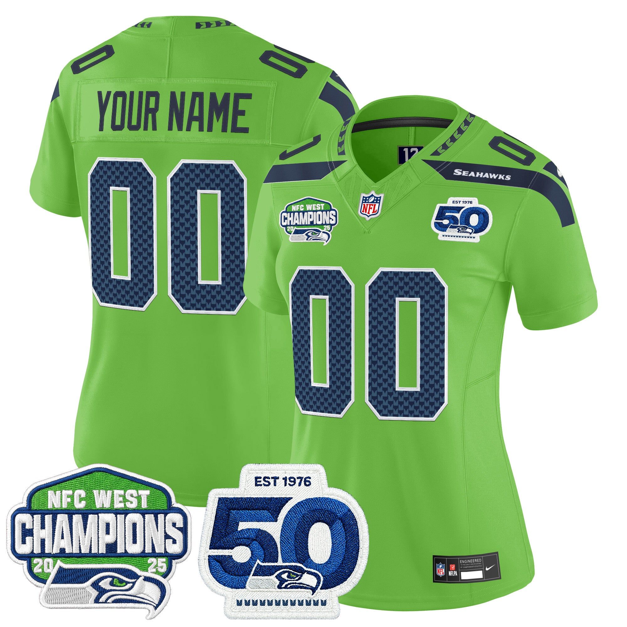 Seattle Seahawks 2025 NFC West Division Champions & 50th Anniversary Patch Vapor Limited Custom Jersey - All Stitched