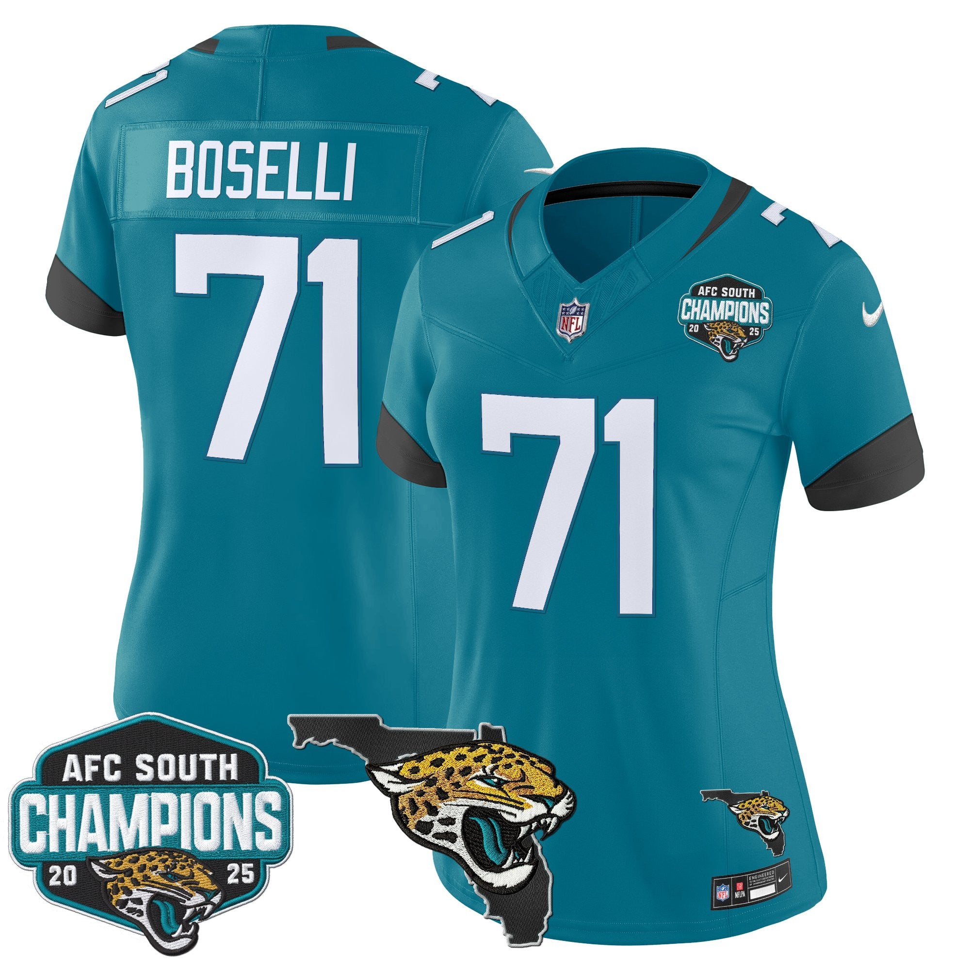 Women's Jacksonville Jaguars 2025 AFC South Division Champions & Florida Patch Vapor Jersey - All Stitched