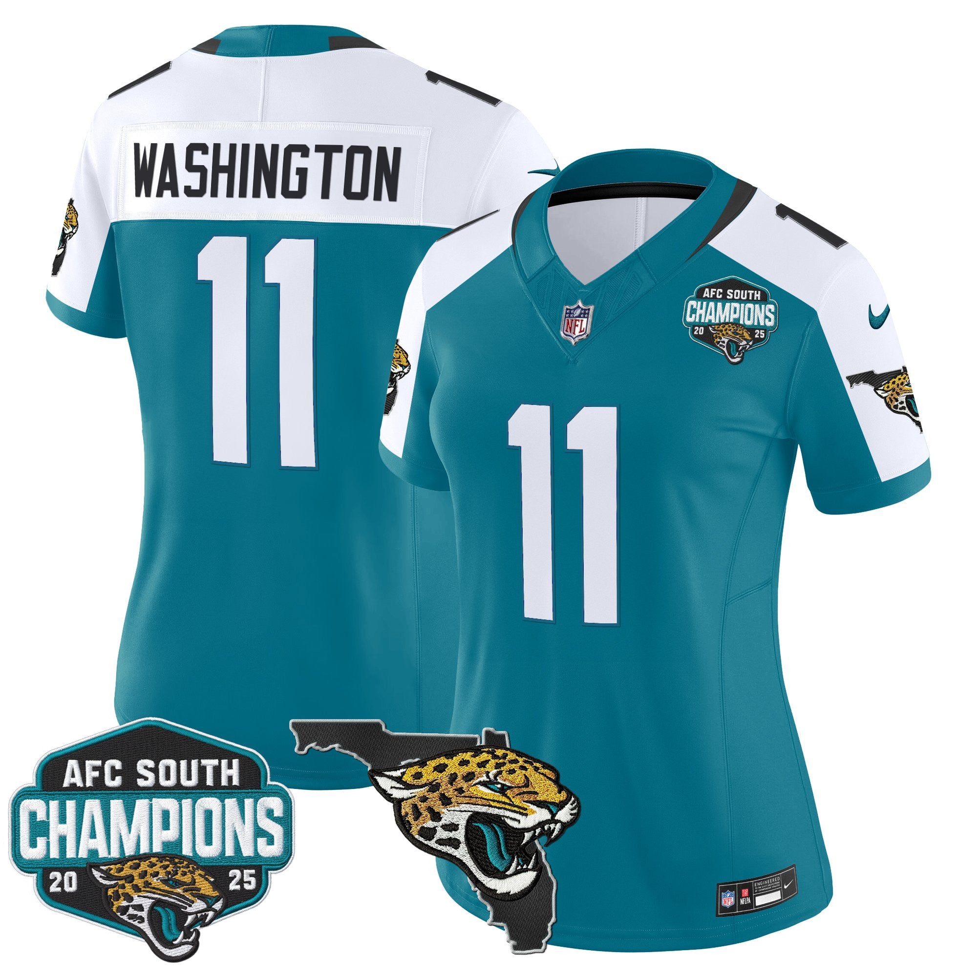 Women's Jacksonville Jaguars 2025 AFC South Division Champions & Florida Patch Vapor Jersey - All Stitched