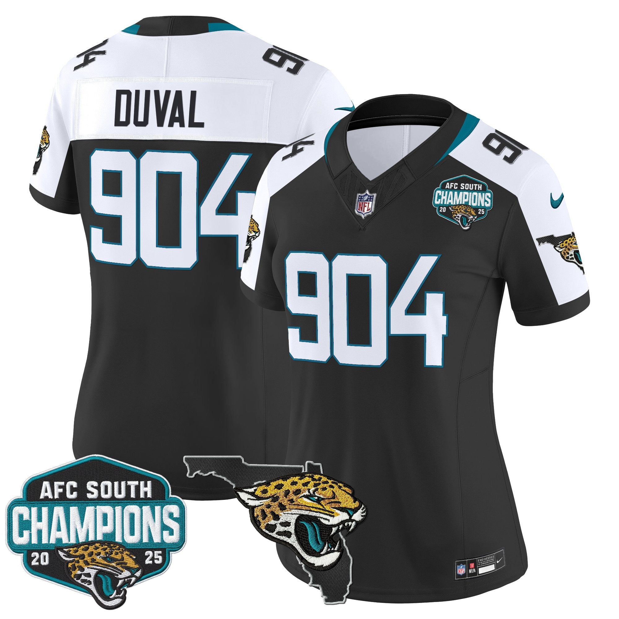 Women's Jacksonville Jaguars 2025 AFC South Division Champions & Florida Patch Vapor Jersey - All Stitched