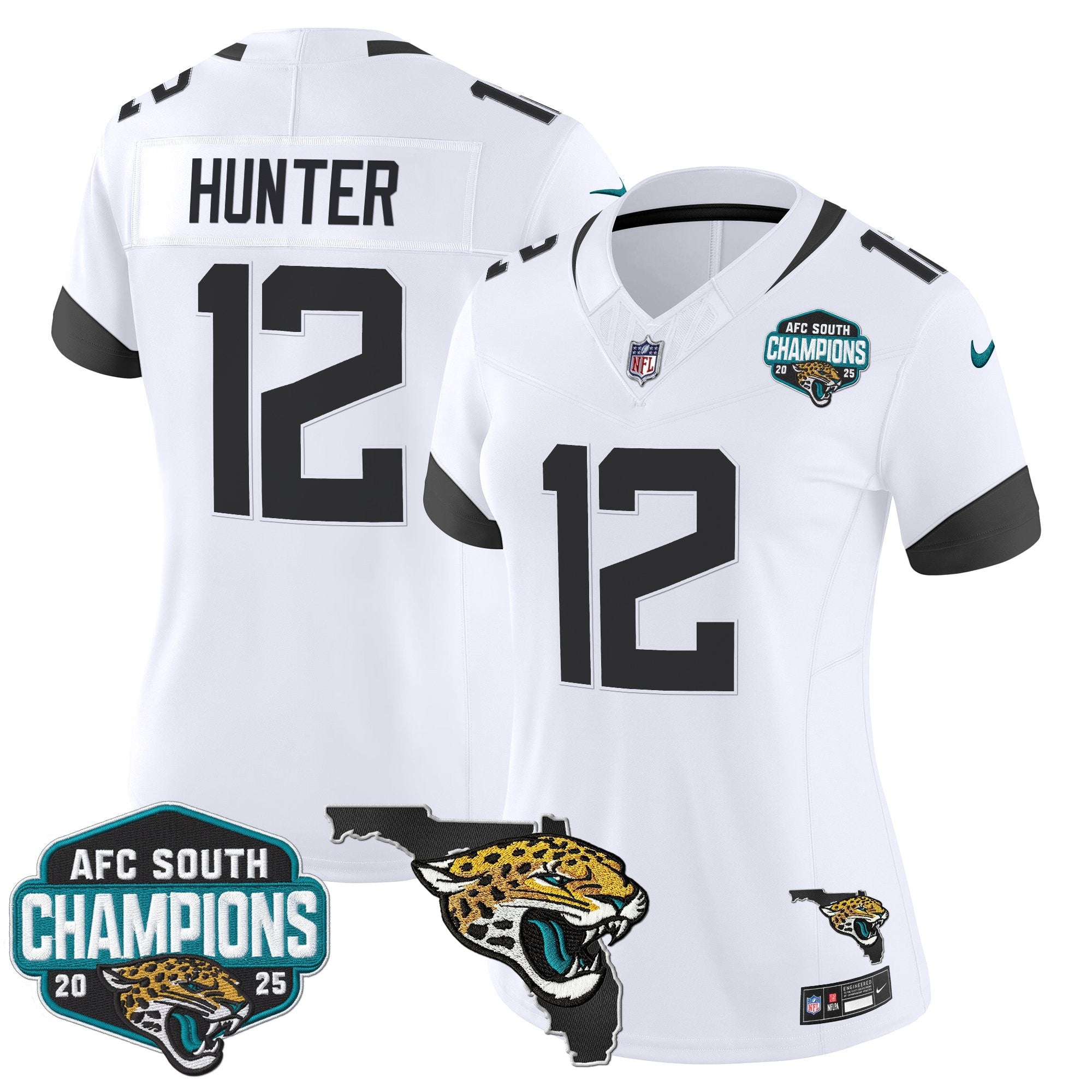 Women's Jacksonville Jaguars 2025 AFC South Division Champions & Florida Patch Vapor Jersey - All Stitched