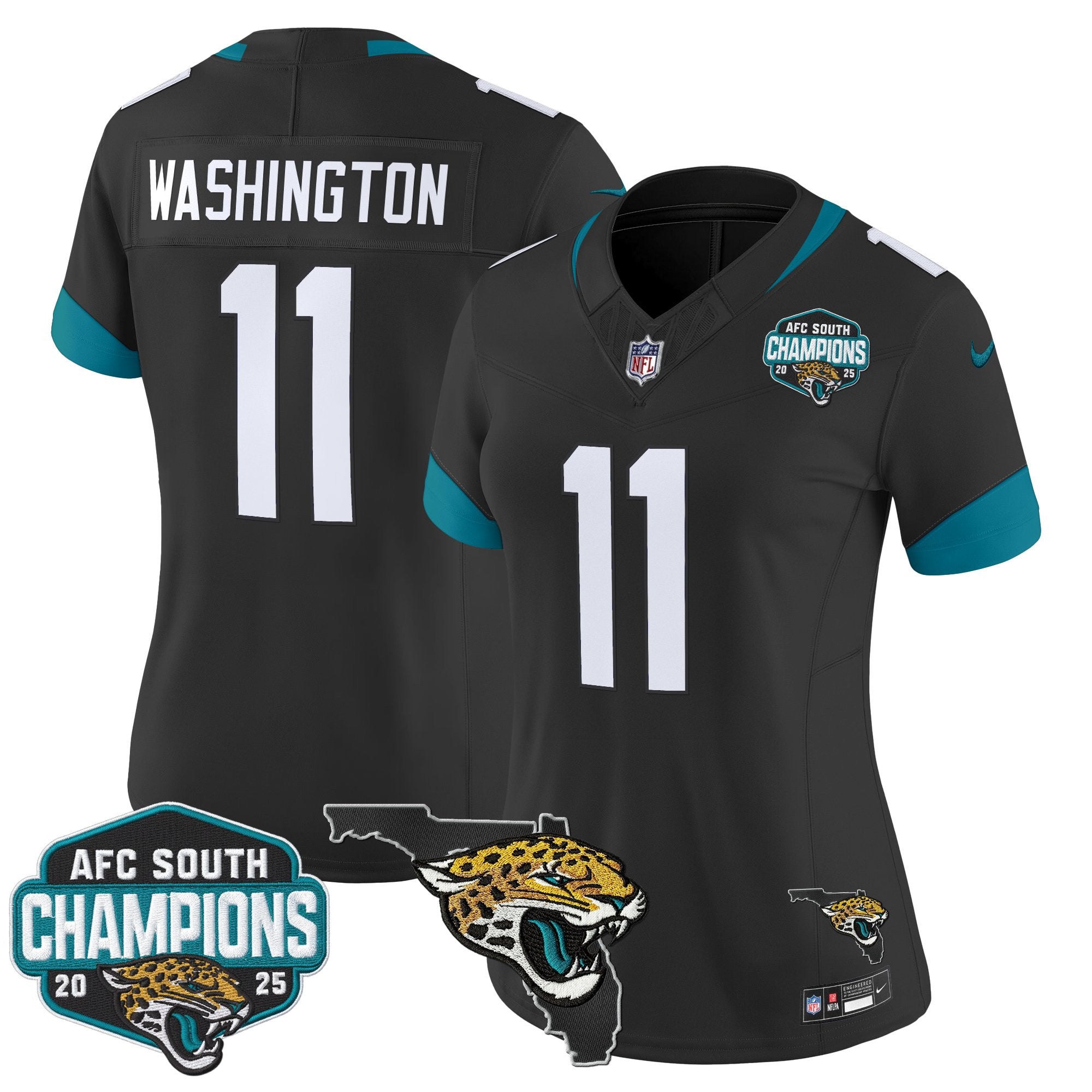 Women's Jacksonville Jaguars 2025 AFC South Division Champions & Florida Patch Vapor Jersey - All Stitched
