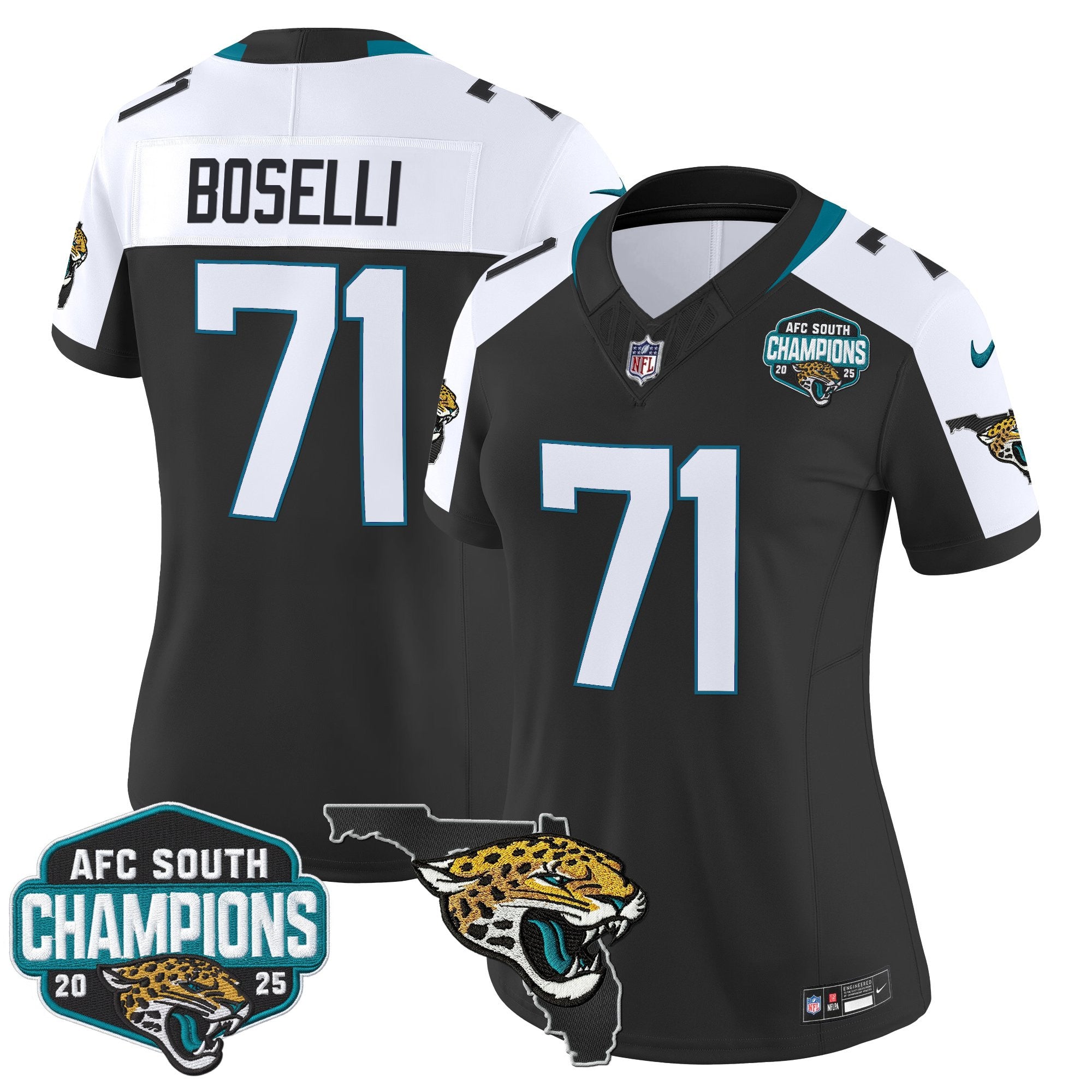 Women's Jacksonville Jaguars 2025 AFC South Division Champions & Florida Patch Vapor Jersey - All Stitched