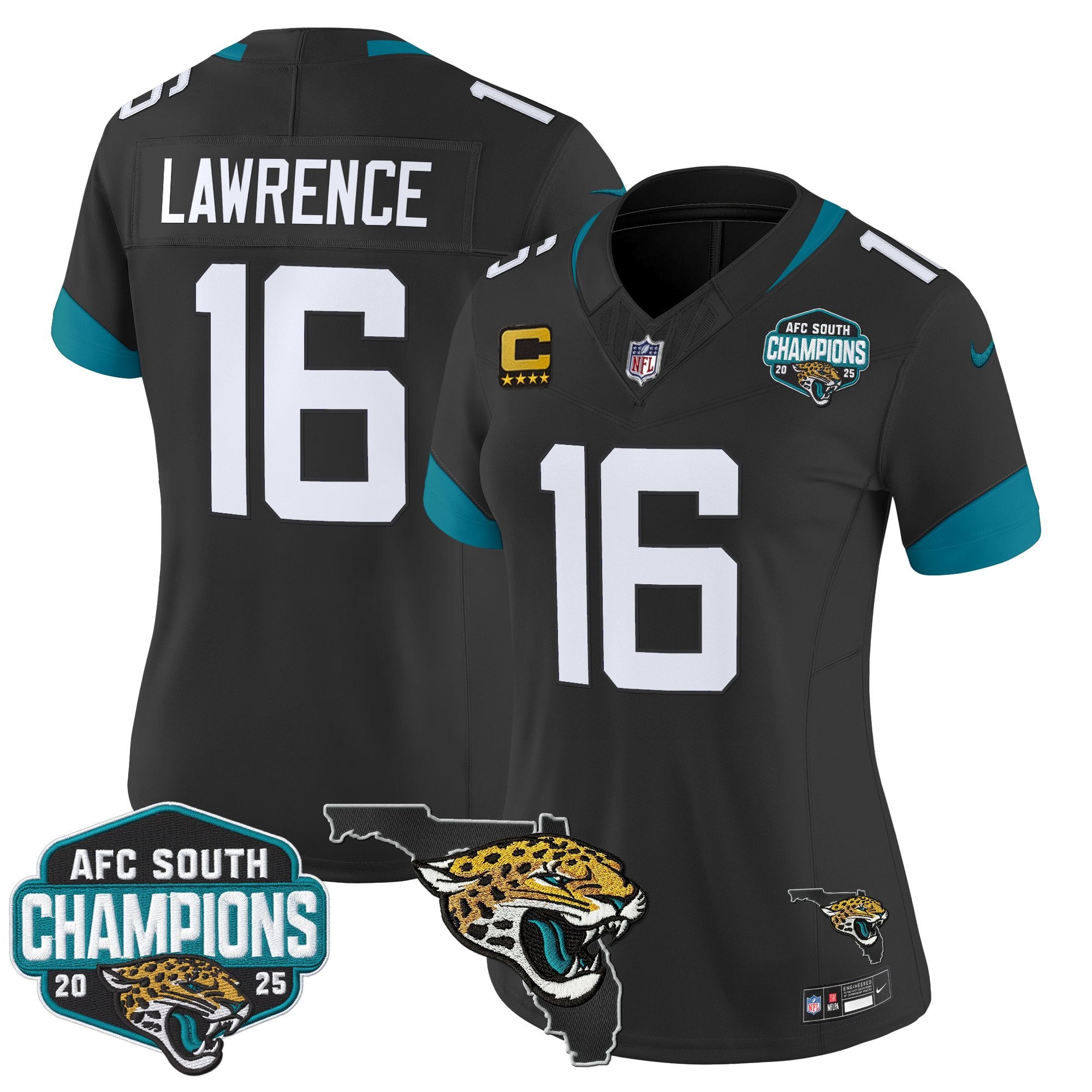 Women's Jacksonville Jaguars 2025 AFC South Division Champions & Florida Patch Vapor Jersey - All Stitched