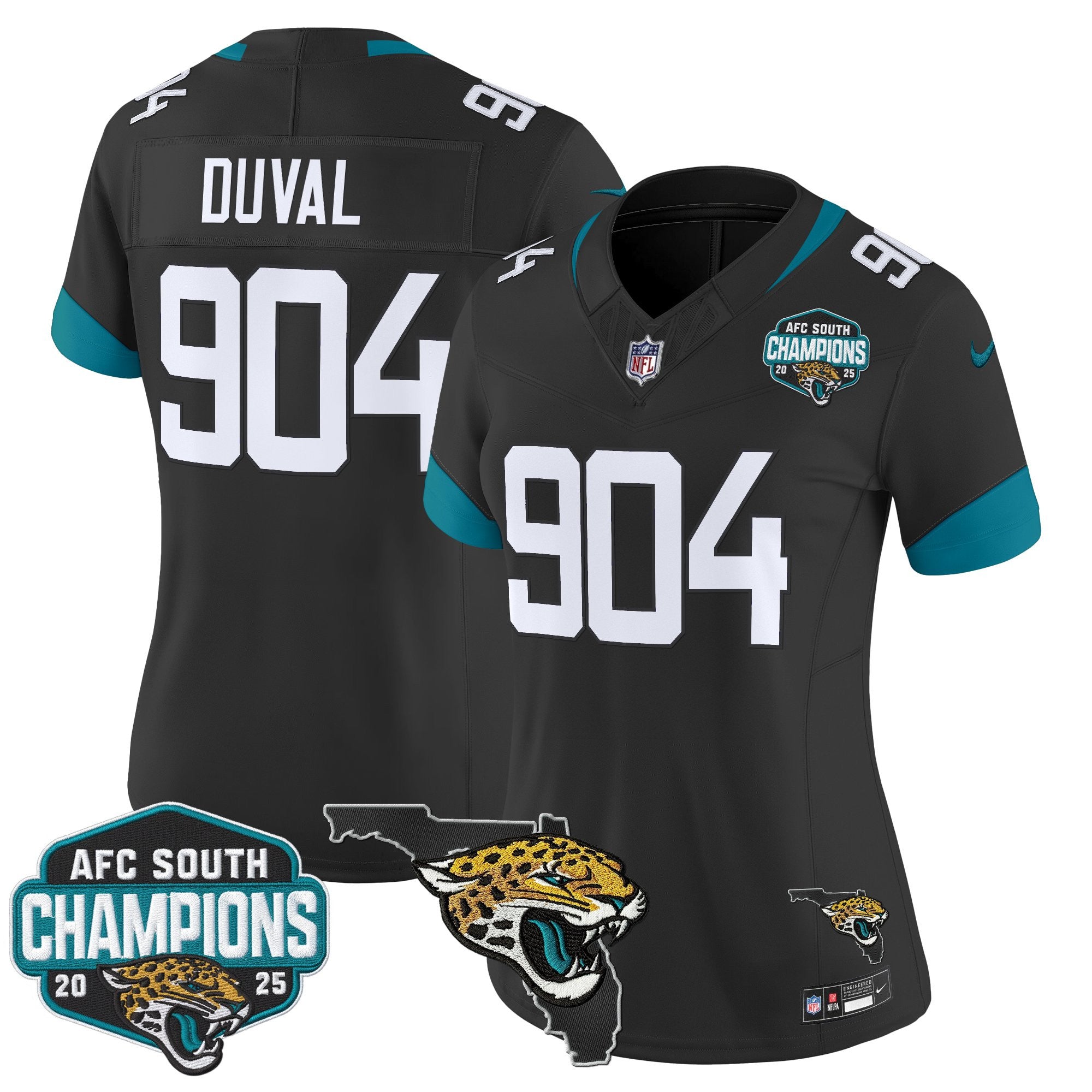 Women's Jacksonville Jaguars 2025 AFC South Division Champions & Florida Patch Vapor Jersey - All Stitched