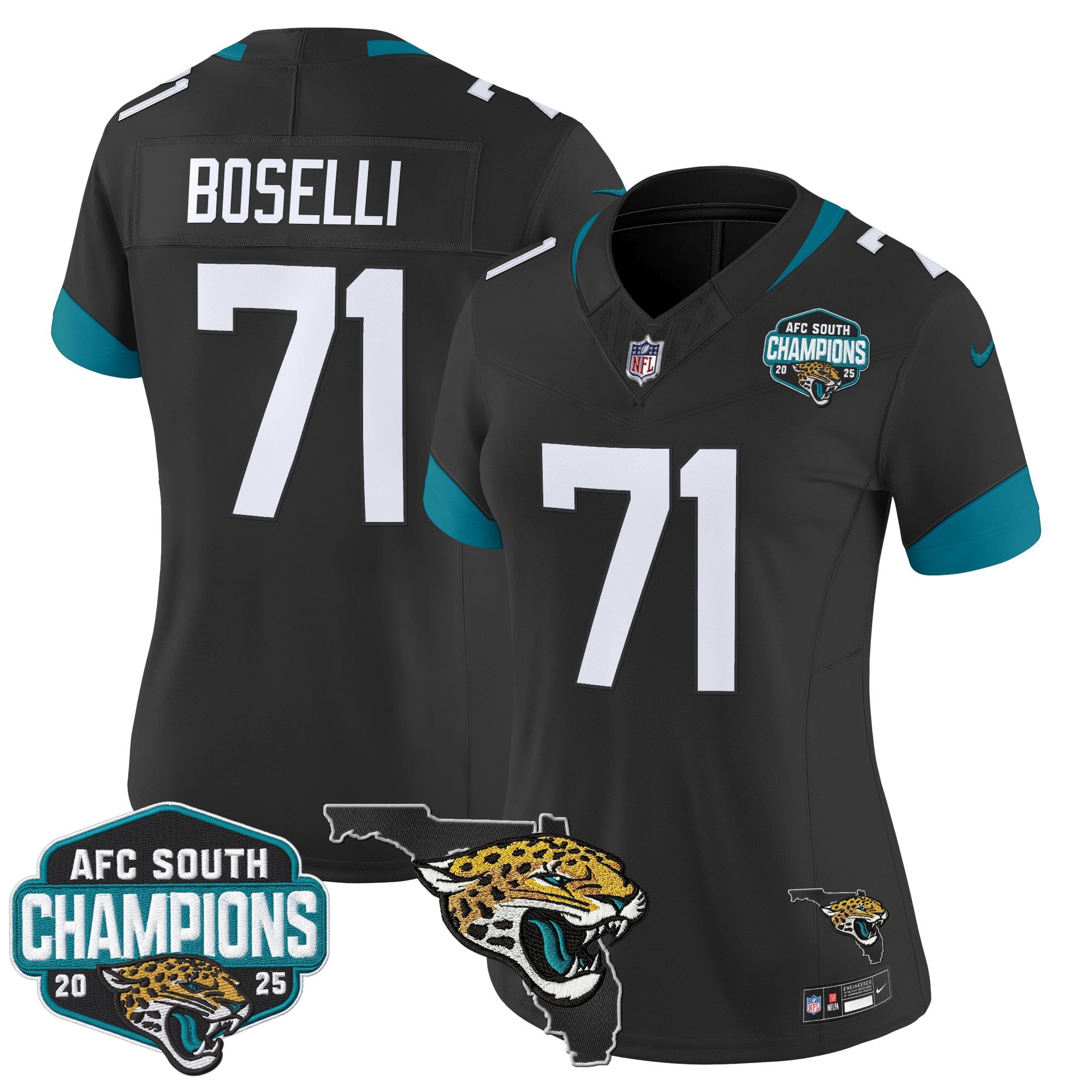 Women's Jacksonville Jaguars 2025 AFC South Division Champions & Florida Patch Vapor Jersey - All Stitched