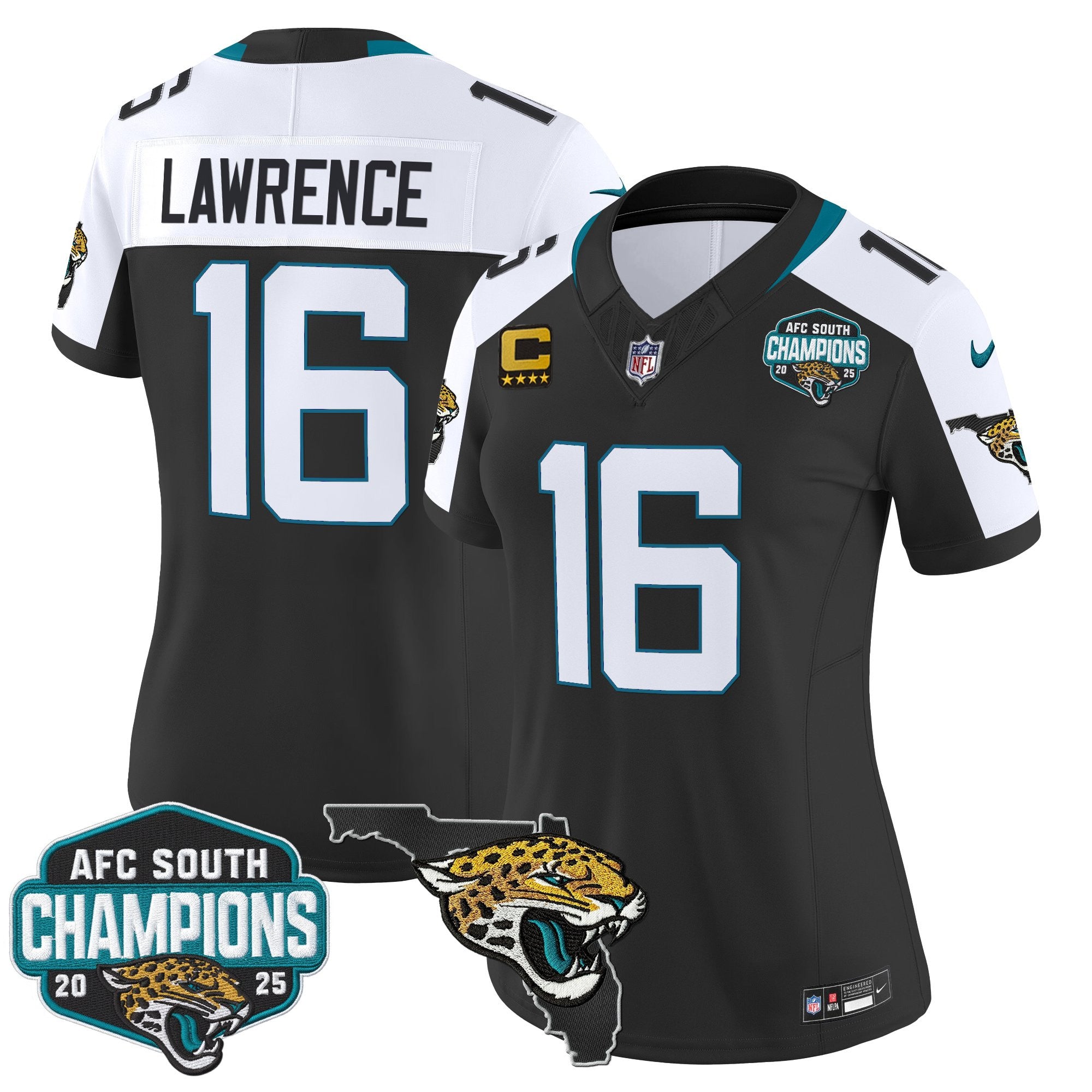 Women's Jacksonville Jaguars 2025 AFC South Division Champions & Florida Patch Vapor Jersey - All Stitched