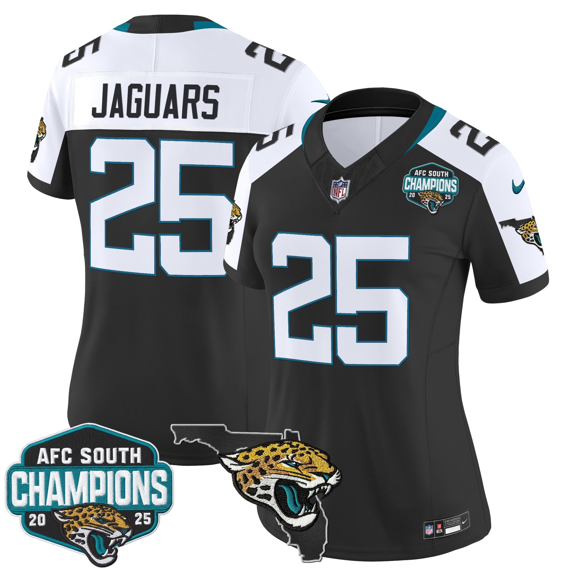 Women's Jacksonville Jaguars 2025 AFC South Division Champions & Florida Patch Vapor Jersey - All Stitched