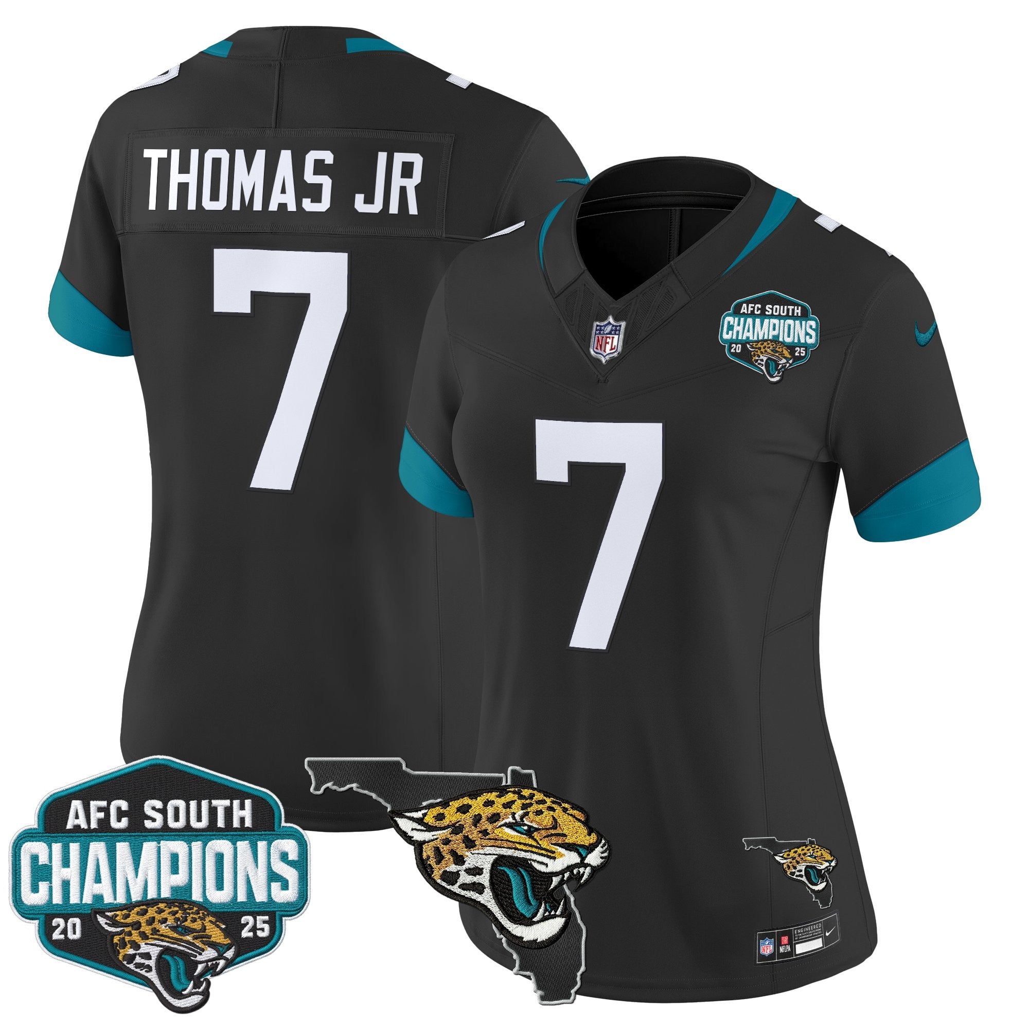 Women's Jacksonville Jaguars 2025 AFC South Division Champions & Florida Patch Vapor Jersey - All Stitched