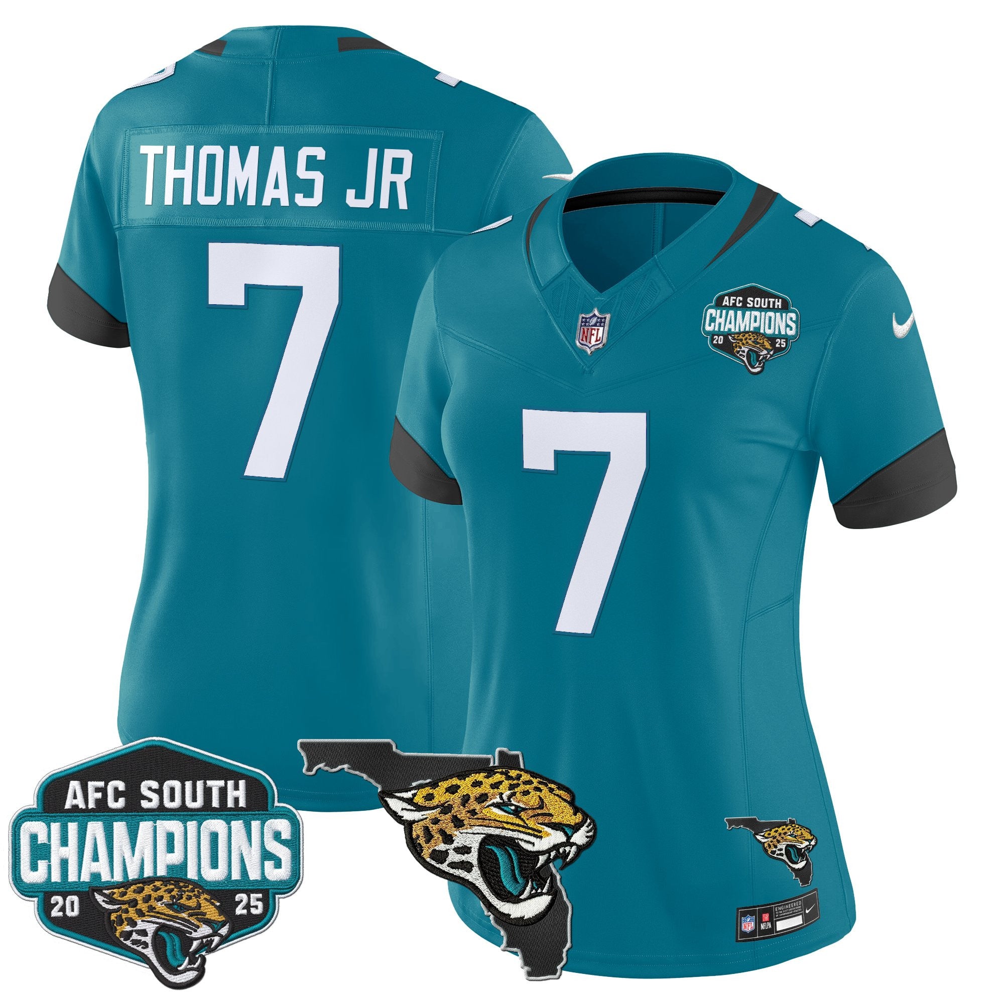 Women's Jacksonville Jaguars 2025 AFC South Division Champions & Florida Patch Vapor Jersey - All Stitched