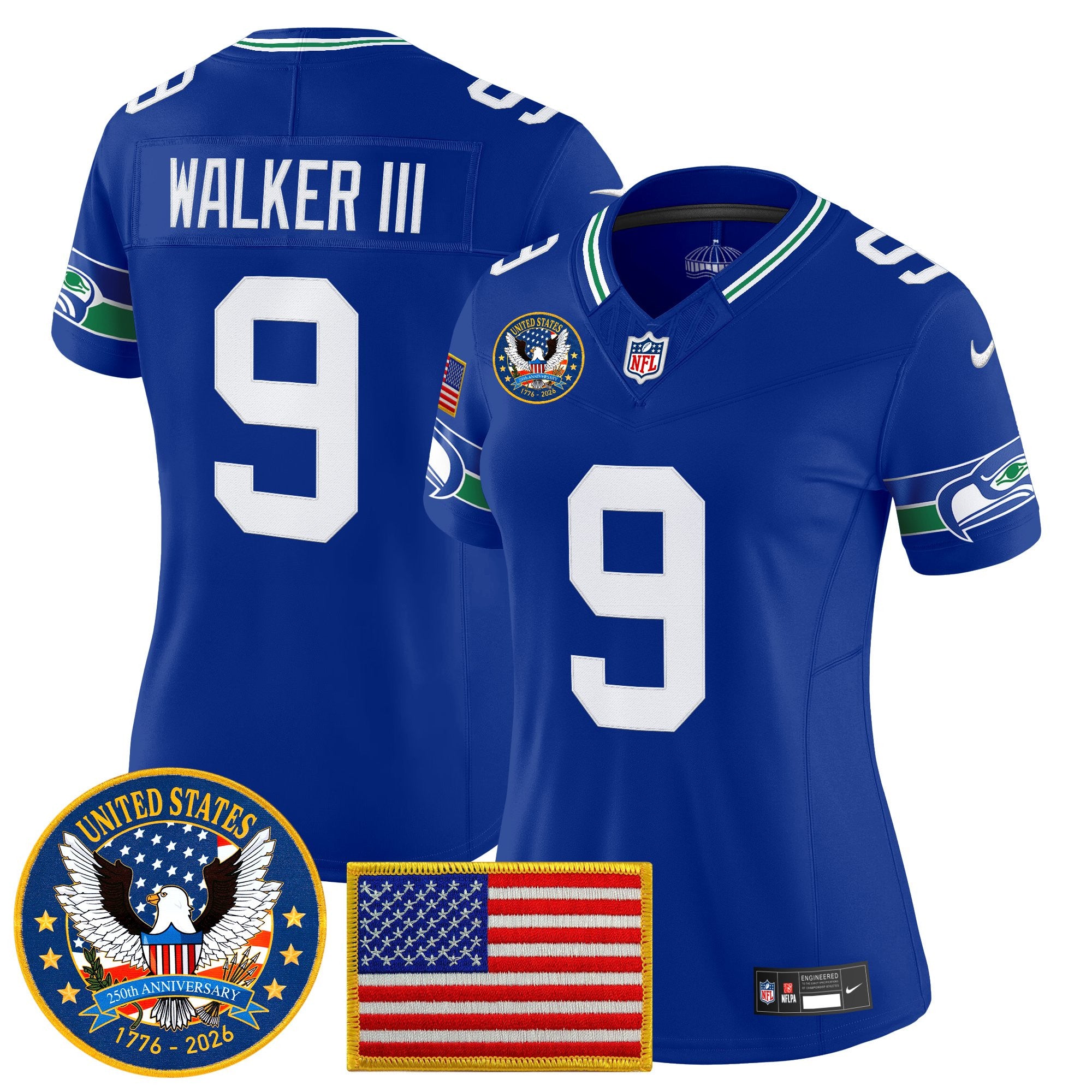 Women's Seattle Seahawks "United States 250th Anniversary Patch" Vapor Limited Jersey - All Stitched