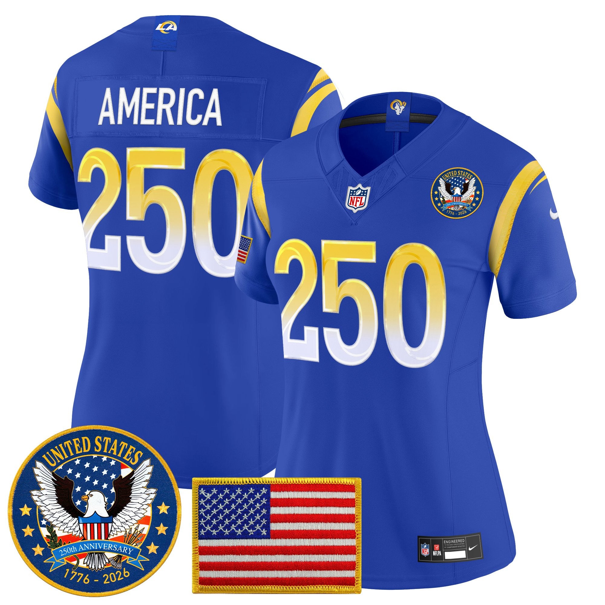 Women's Los Angeles Rams 2025 "United States 250th Anniversary Patch" Vapor Limited Jersey - All Stitched
