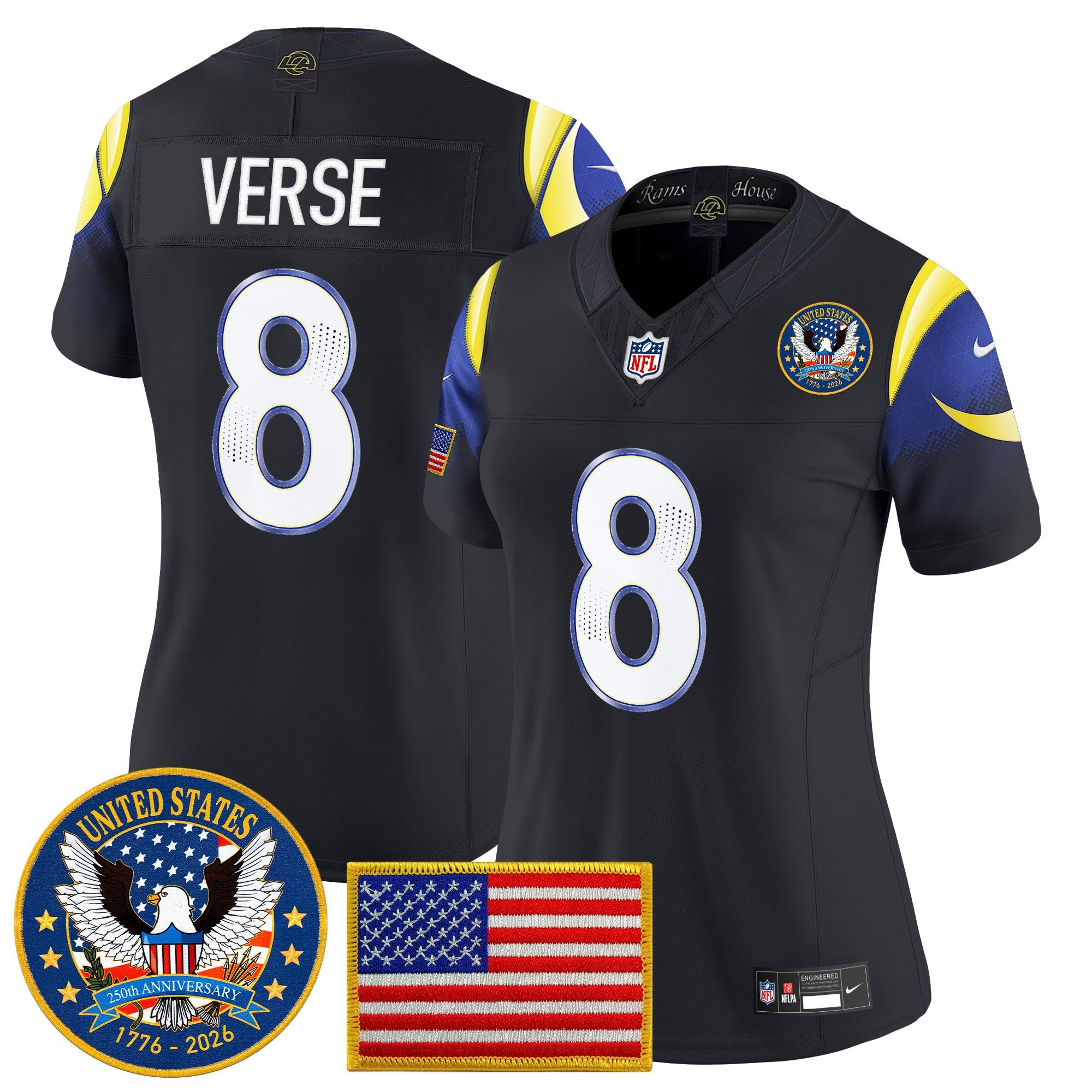 Women's Los Angeles Rams 2025 "United States 250th Anniversary Patch" Vapor Limited Jersey - All Stitched
