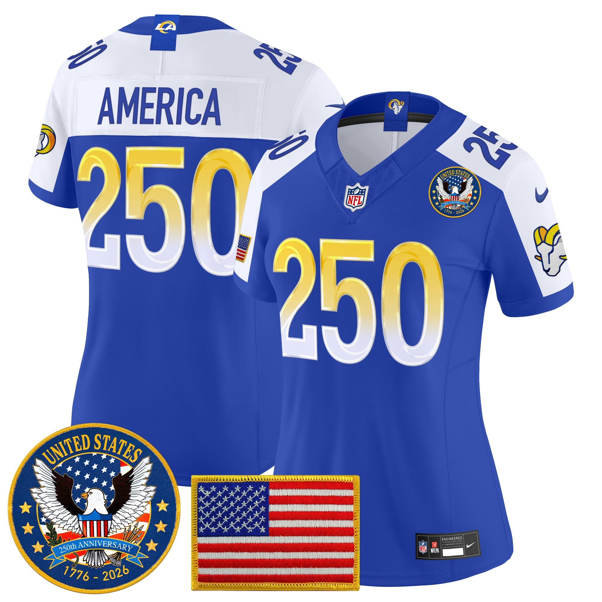 Women's Los Angeles Rams 2025 "United States 250th Anniversary Patch" Vapor Limited Jersey - All Stitched