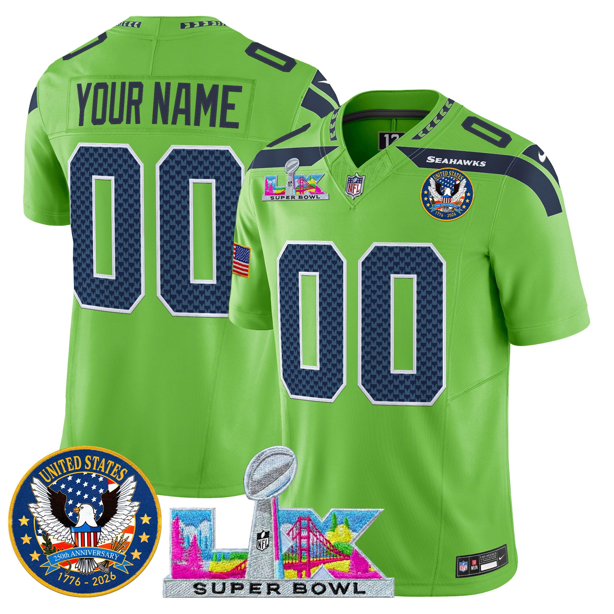 Seattle Seahawks "Super Bowl LX & United States 250th Patch" Vapor Limited Custom Jersey - All Stitched