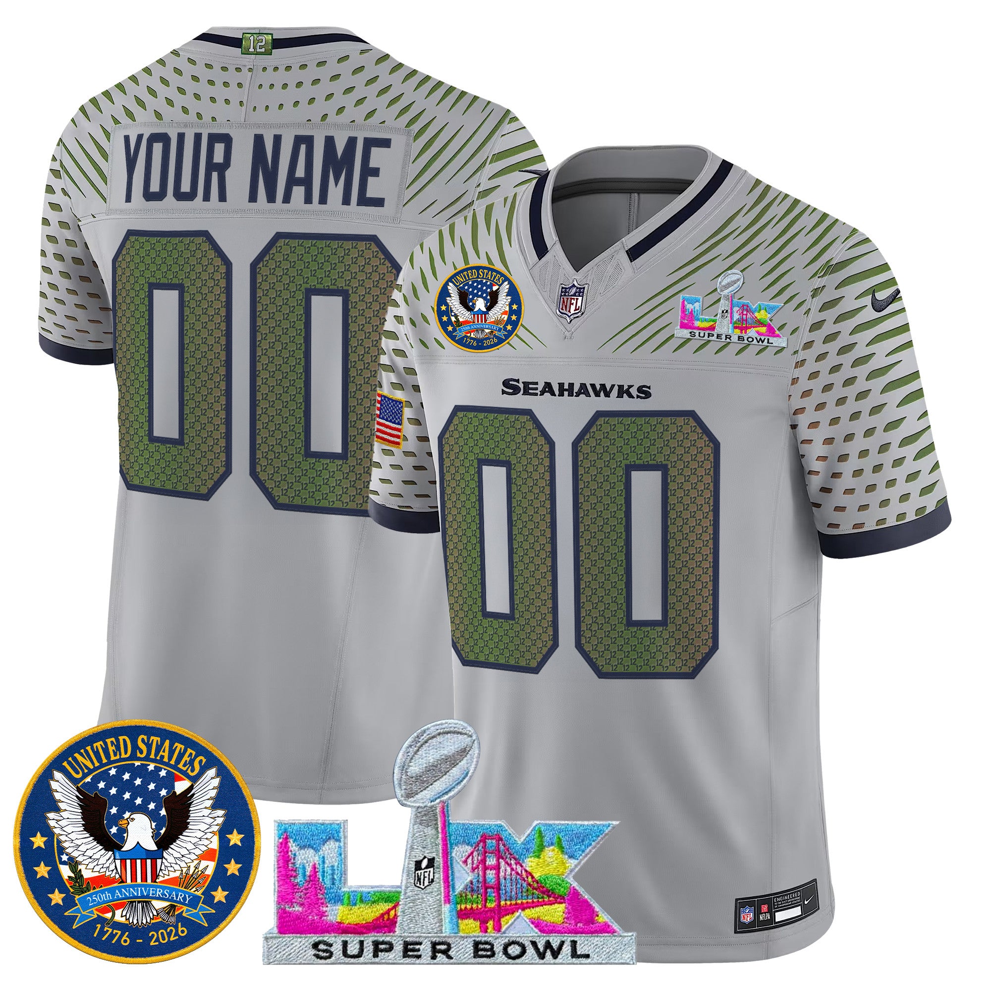 Seattle Seahawks "Super Bowl LX & United States 250th Patch" Vapor Limited Custom Jersey - All Stitched