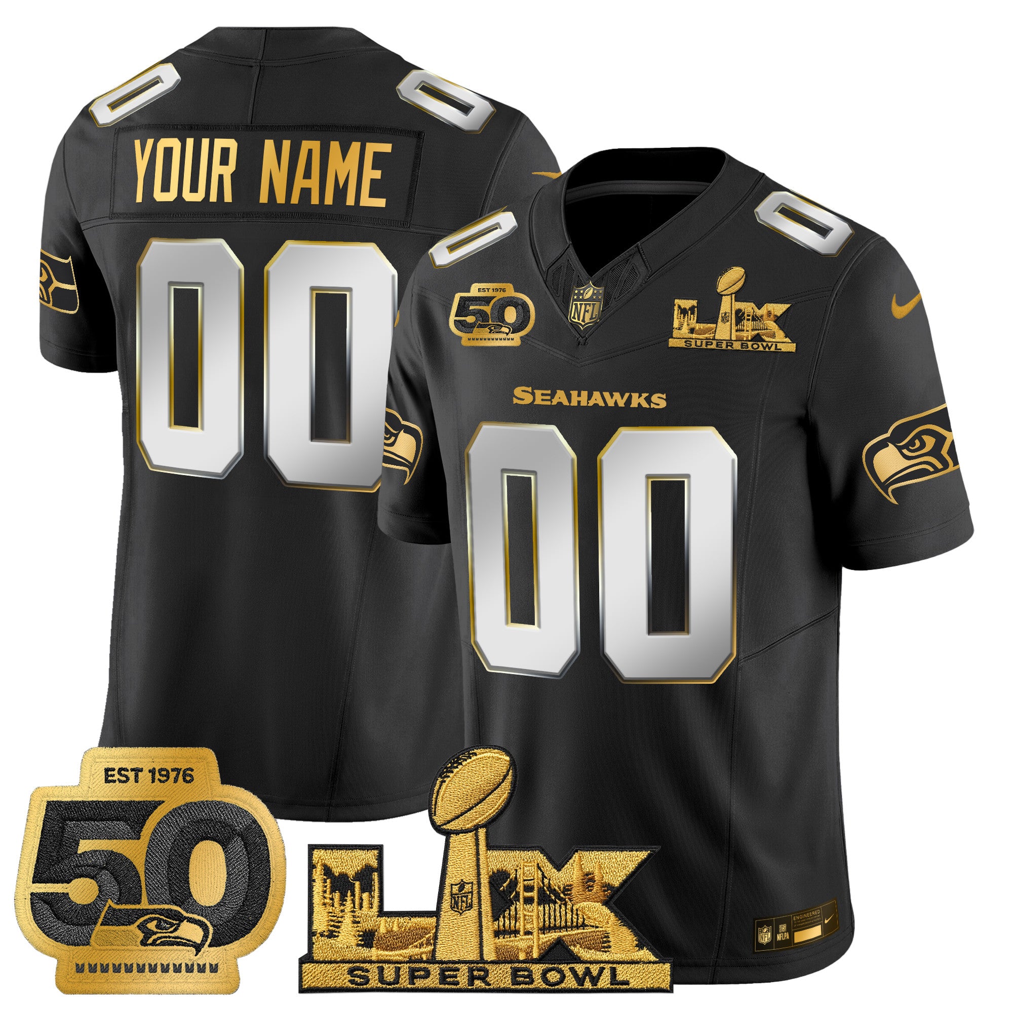 Seattle Seahawks "Super Bowl LX & 50th Patch" Gold Vapor Limited Custom Jersey - All Stitched