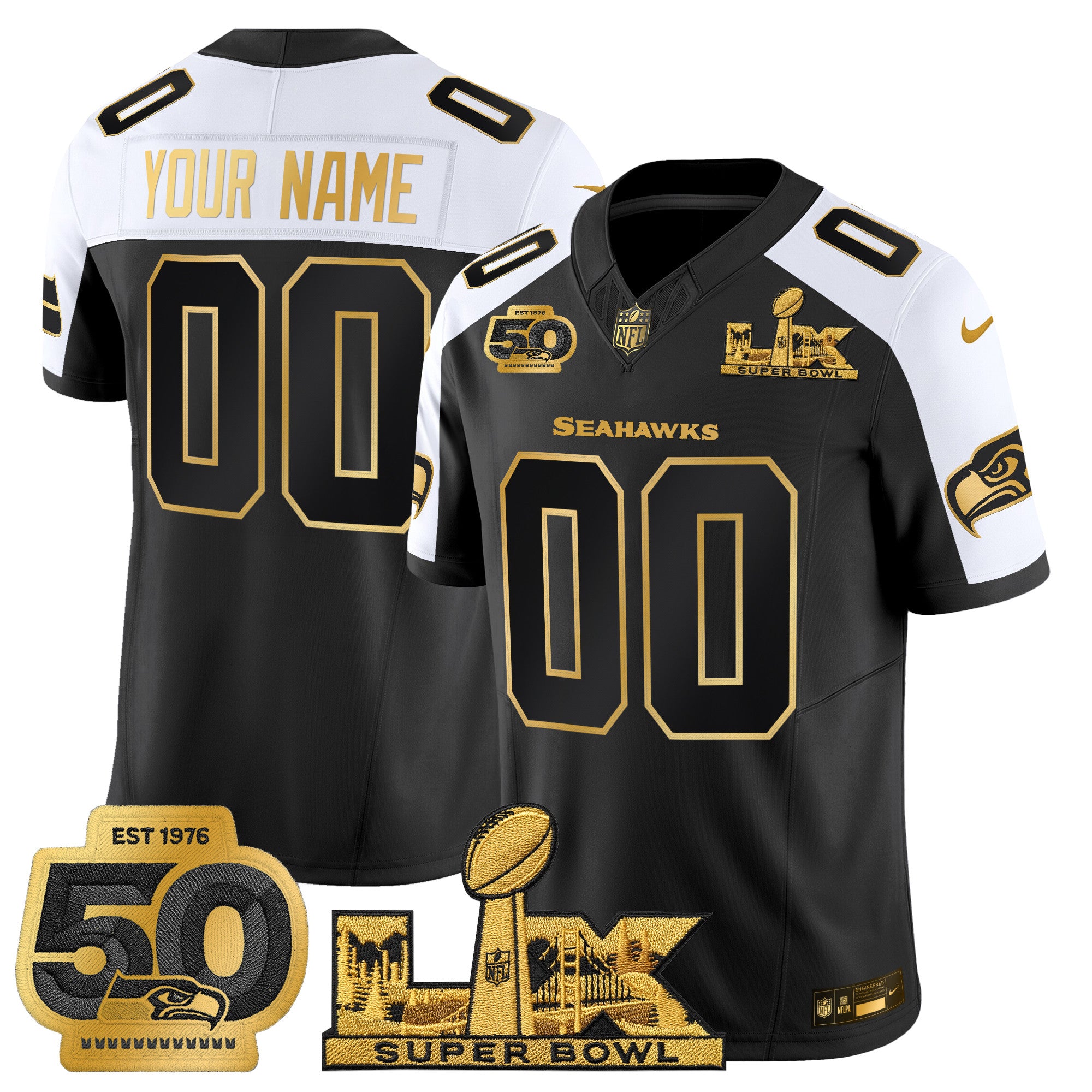 Seattle Seahawks "Super Bowl LX & 50th Patch" Gold Vapor Limited Custom Jersey - All Stitched