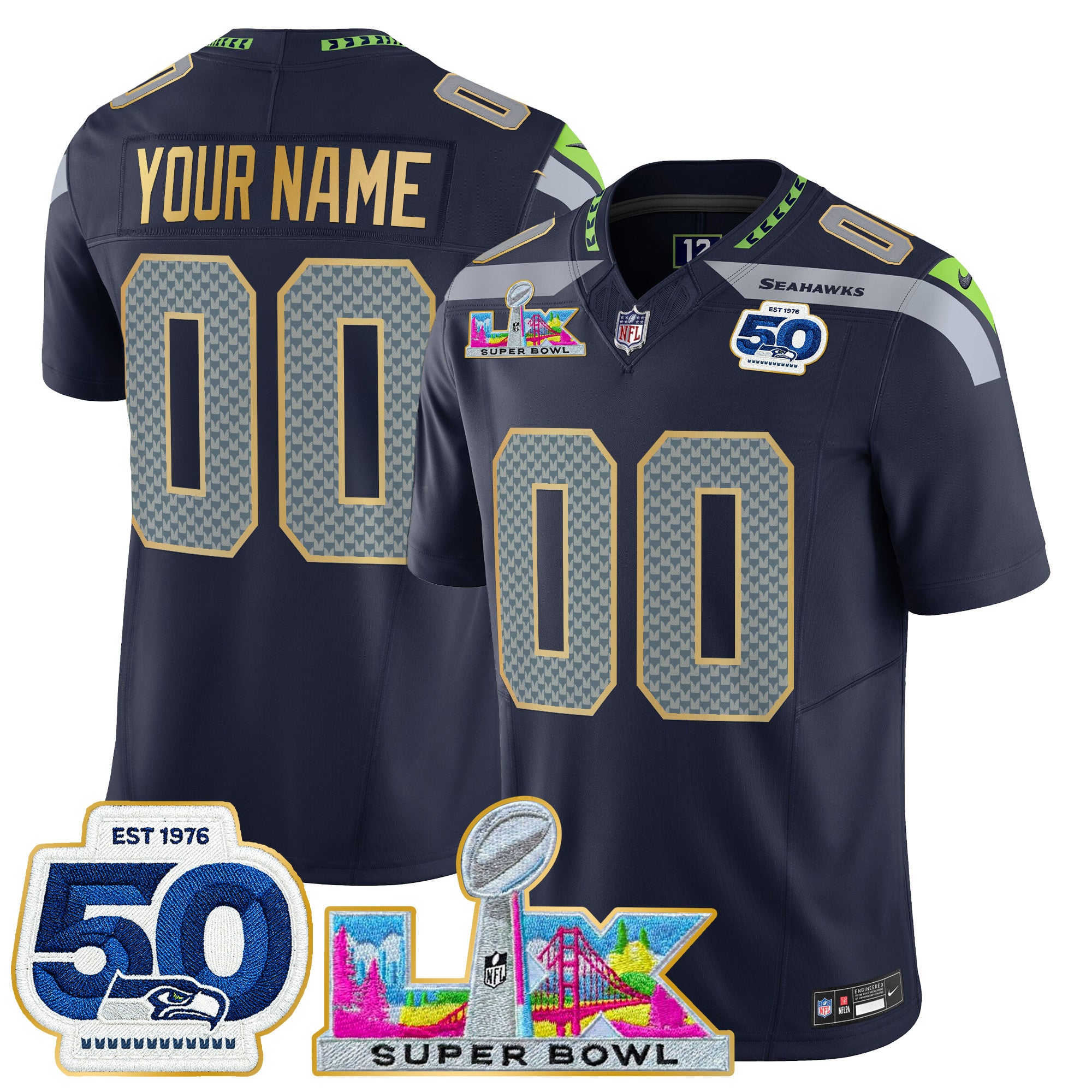 Seattle Seahawks "Super Bowl LX & 50th Patch" Gold Trim Vapor Limited Custom Jersey - All Stitched