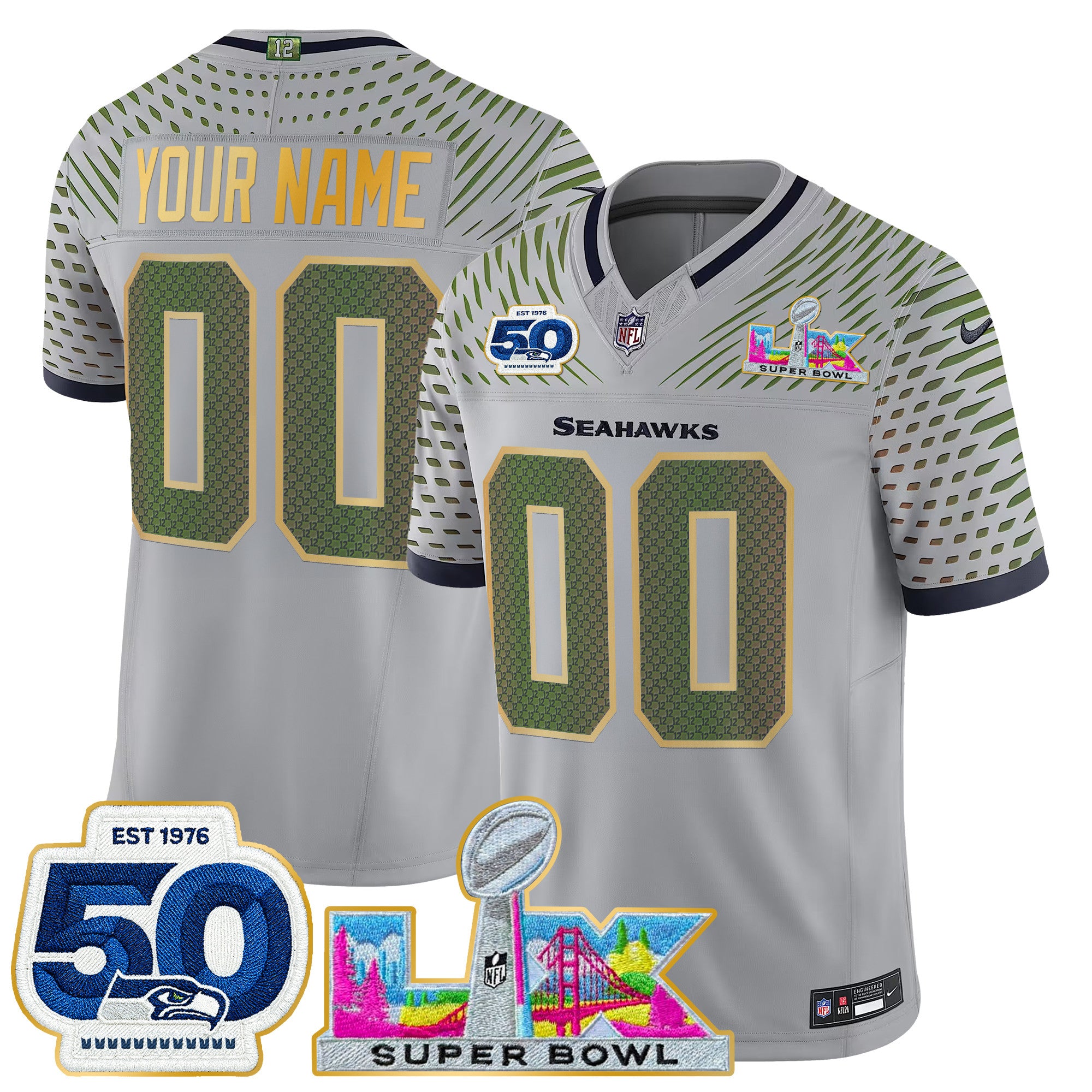 Seattle Seahawks "Super Bowl LX & 50th Patch" Gold Trim Vapor Limited Custom Jersey - All Stitched