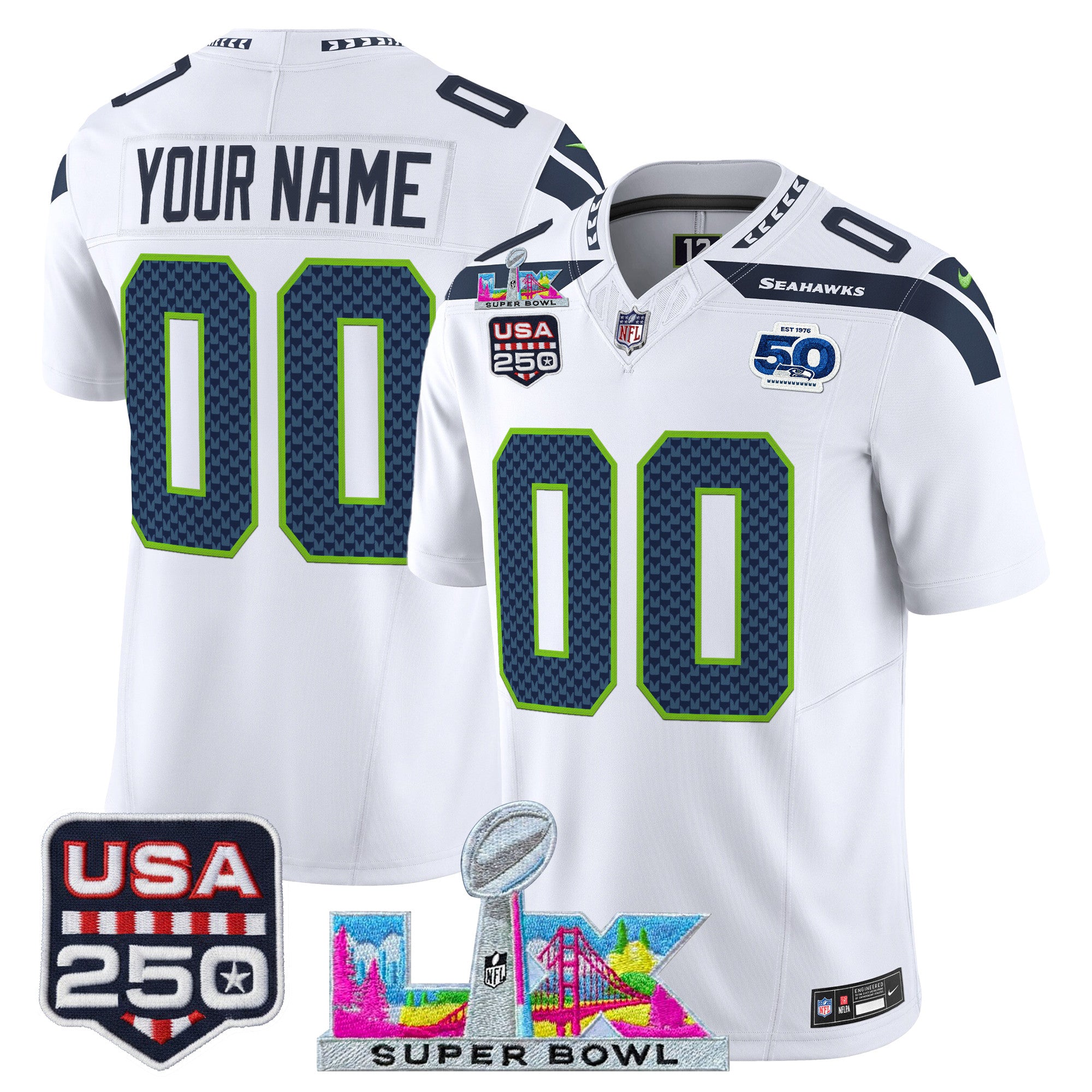 Seattle Seahawks "Super Bowl LX & United States 250th Anniversary Patch" Vapor Limited Custom Jersey - All Stitched