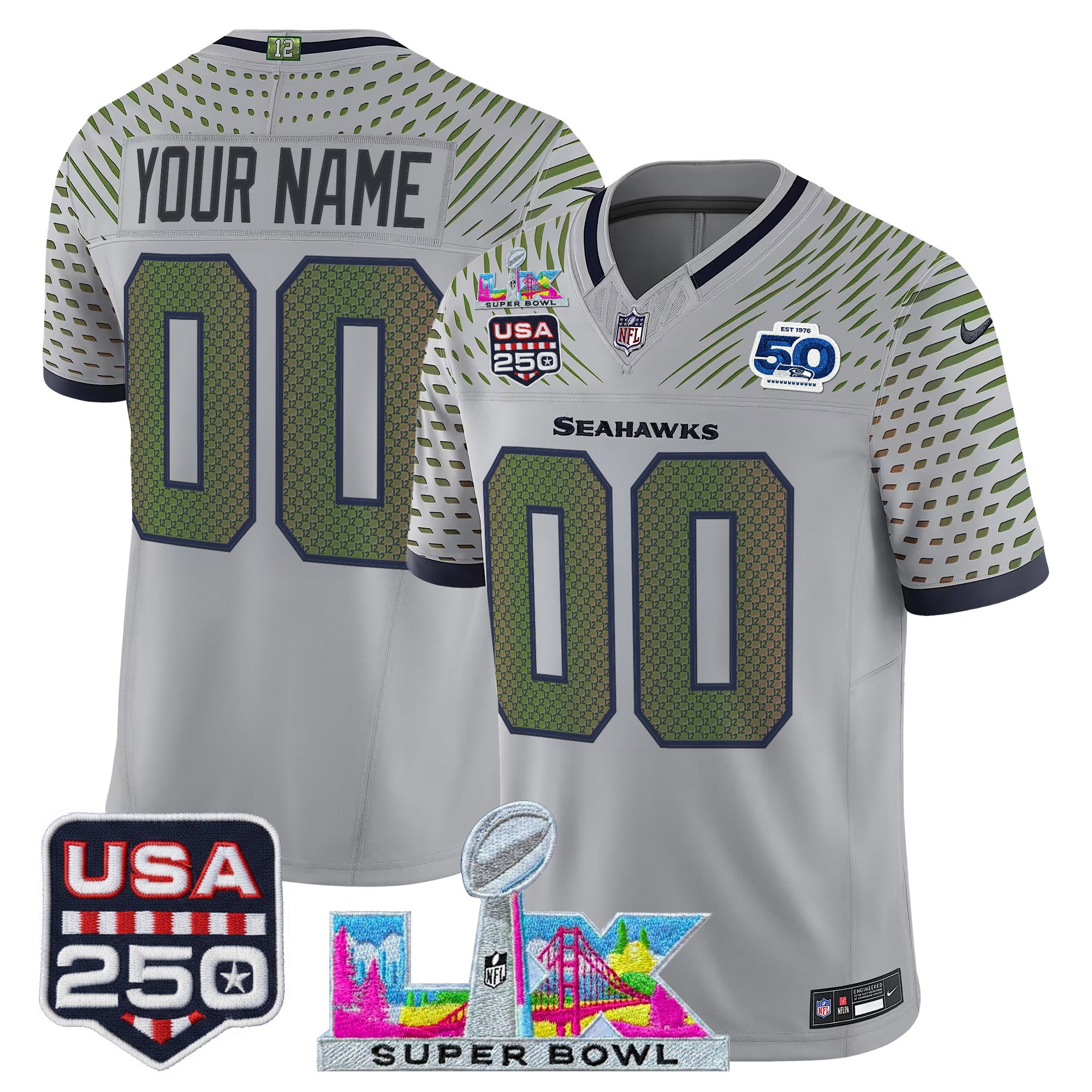 Seattle Seahawks "Super Bowl LX & United States 250th Anniversary Patch" Vapor Limited Custom Jersey - All Stitched