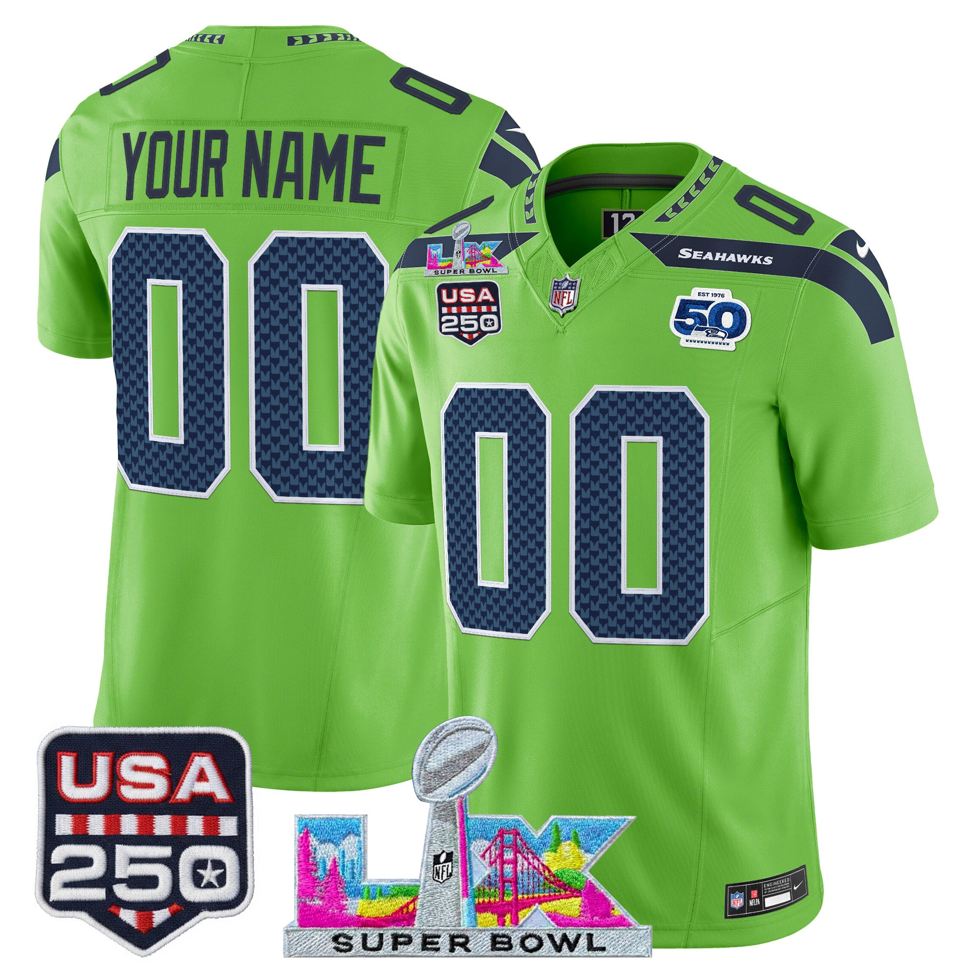 Seattle Seahawks "Super Bowl LX & United States 250th Anniversary Patch" Vapor Limited Custom Jersey - All Stitched