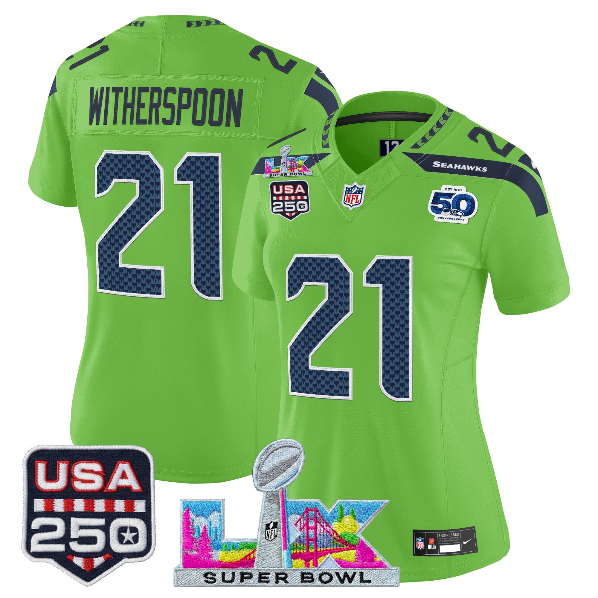 Women's Seattle Seahawks "Super Bowl LX & United States 250th Anniversary Patch" Vapor Limited Jersey - All Stitched