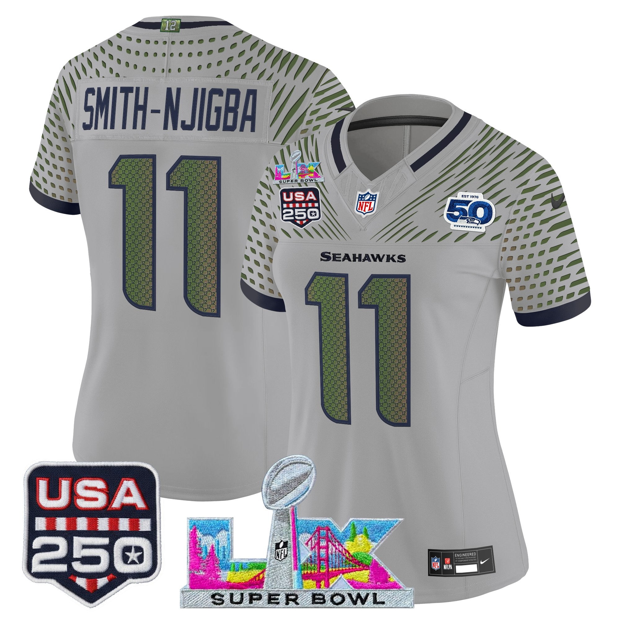Women's Seattle Seahawks "Super Bowl LX & United States 250th Anniversary Patch" Vapor Limited Jersey - All Stitched