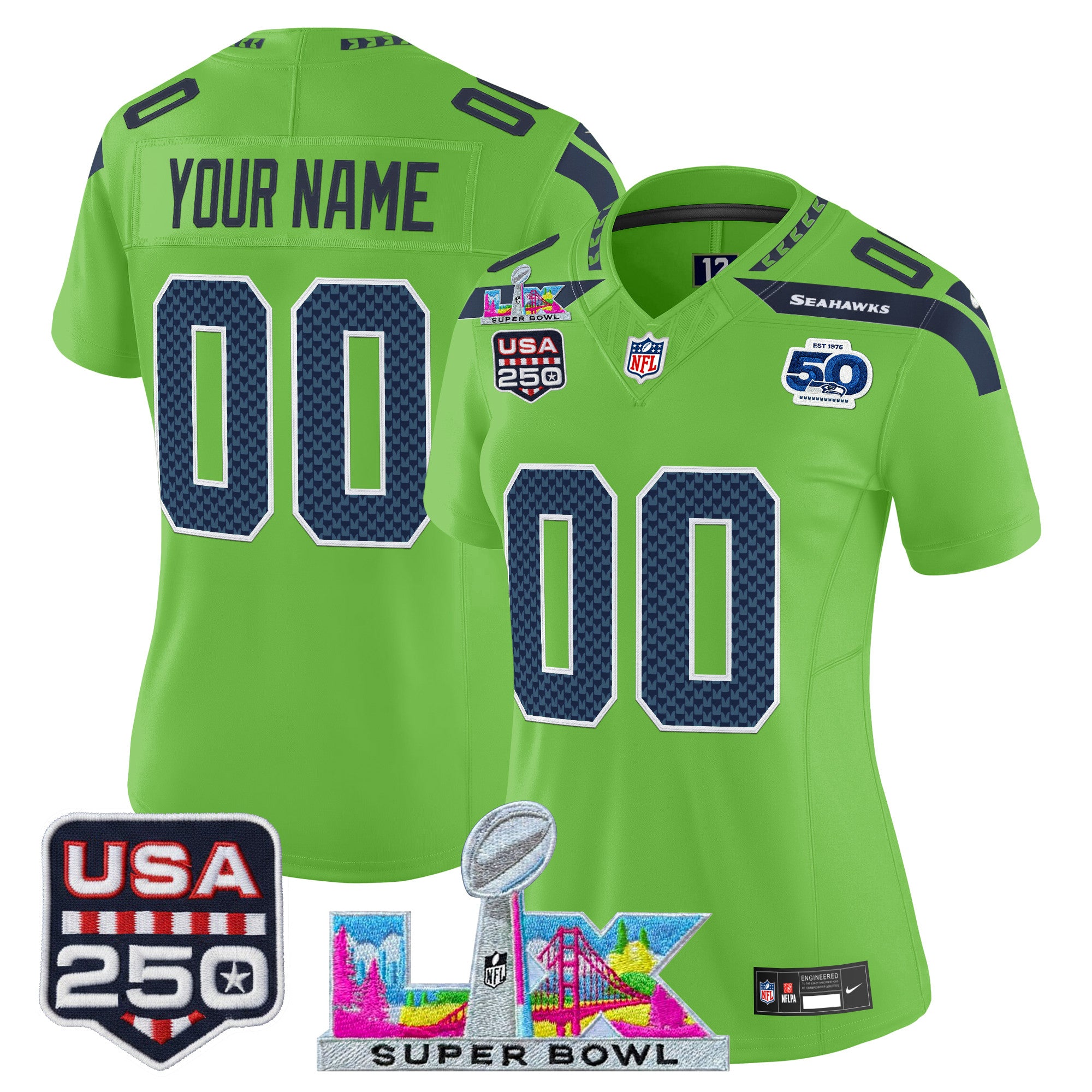 Seattle Seahawks "Super Bowl LX & United States 250th Anniversary Patch" Vapor Limited Custom Jersey - All Stitched