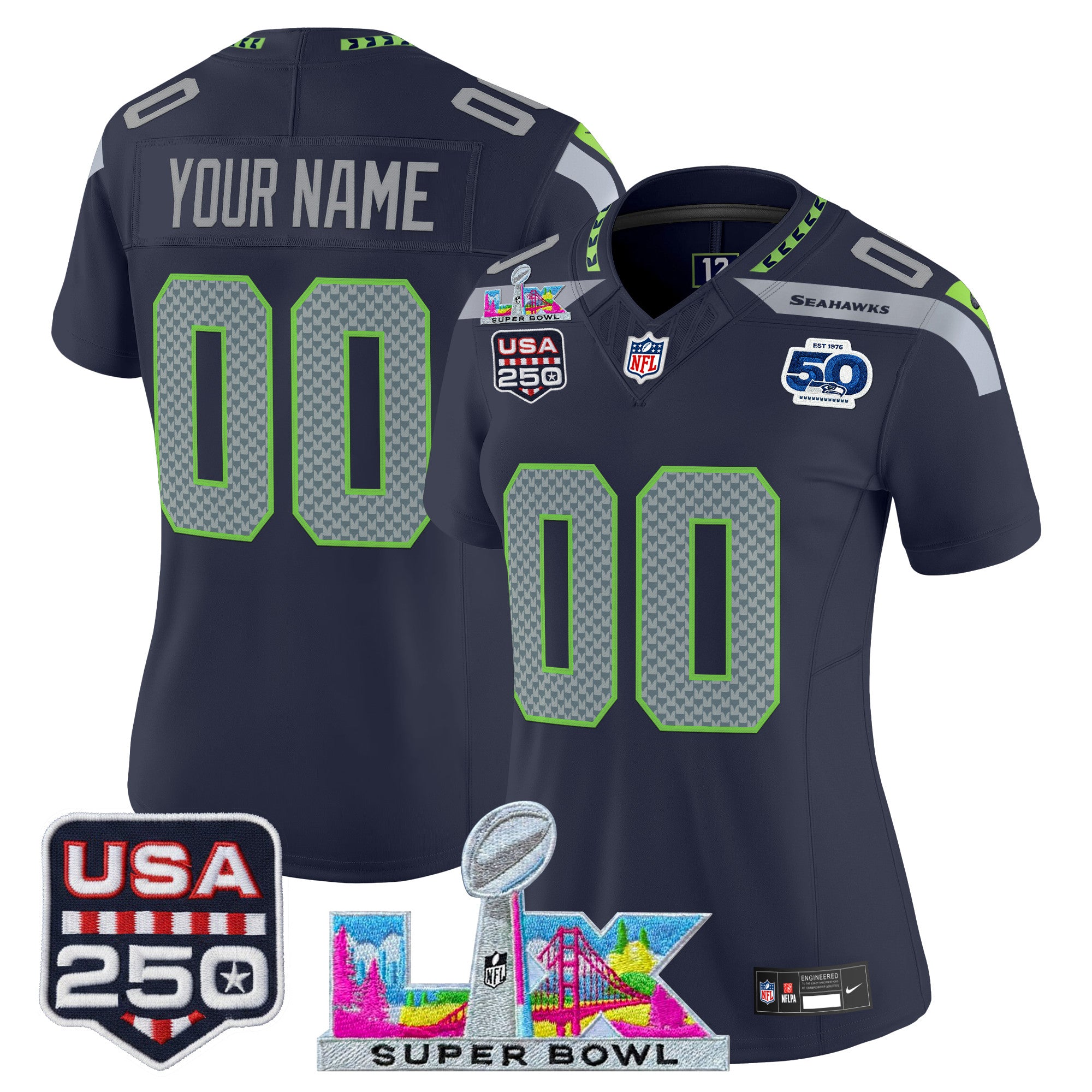 Seattle Seahawks "Super Bowl LX & United States 250th Anniversary Patch" Vapor Limited Custom Jersey - All Stitched